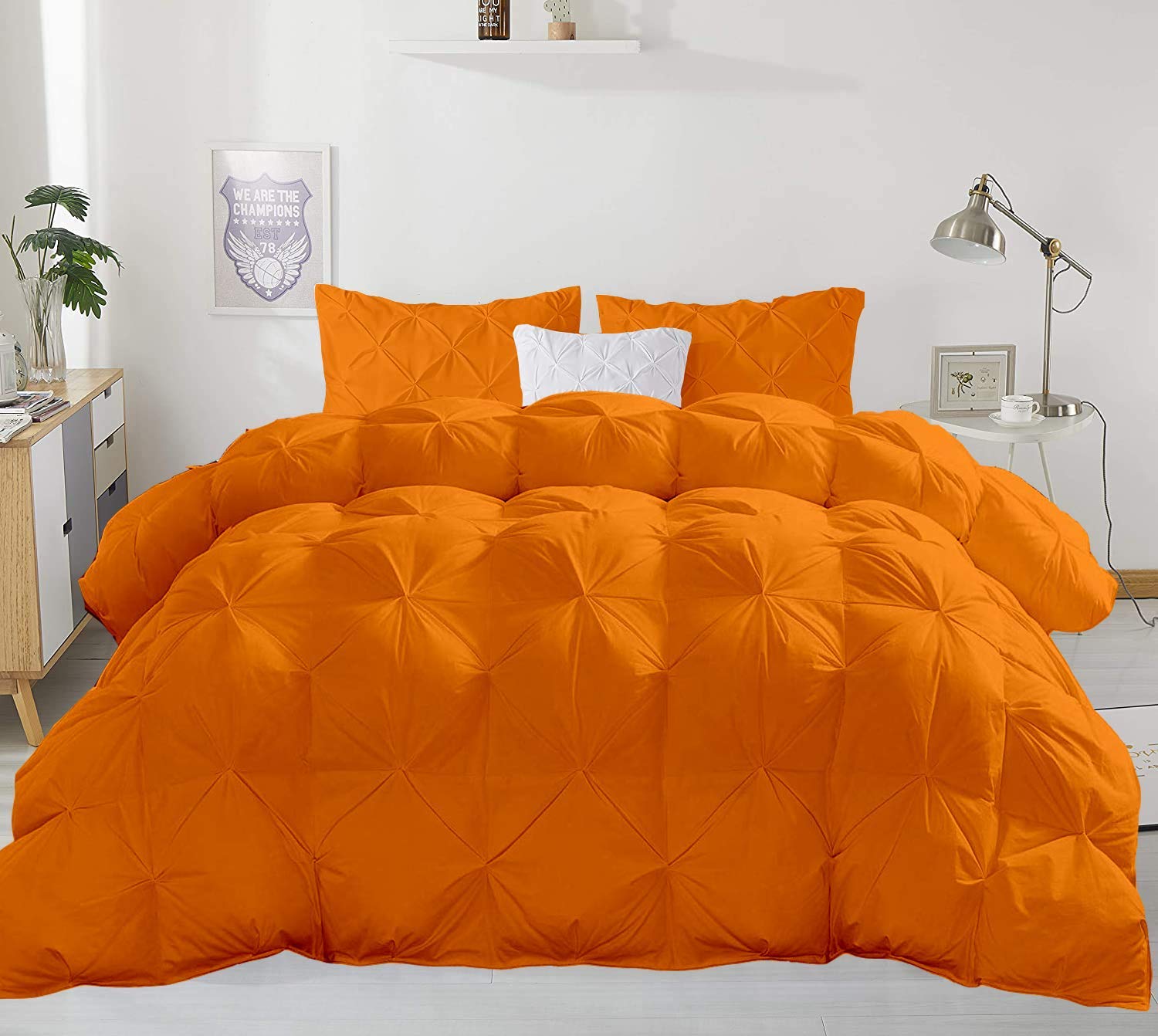 Premium 500 GSM Egyptian Cotton Comforter Set - Full Size Pinch Pleated Bedding (Comforter + 4 Pillowcases) | Soft Orange Luxury Bedding for Master Bedroom & Guest Room