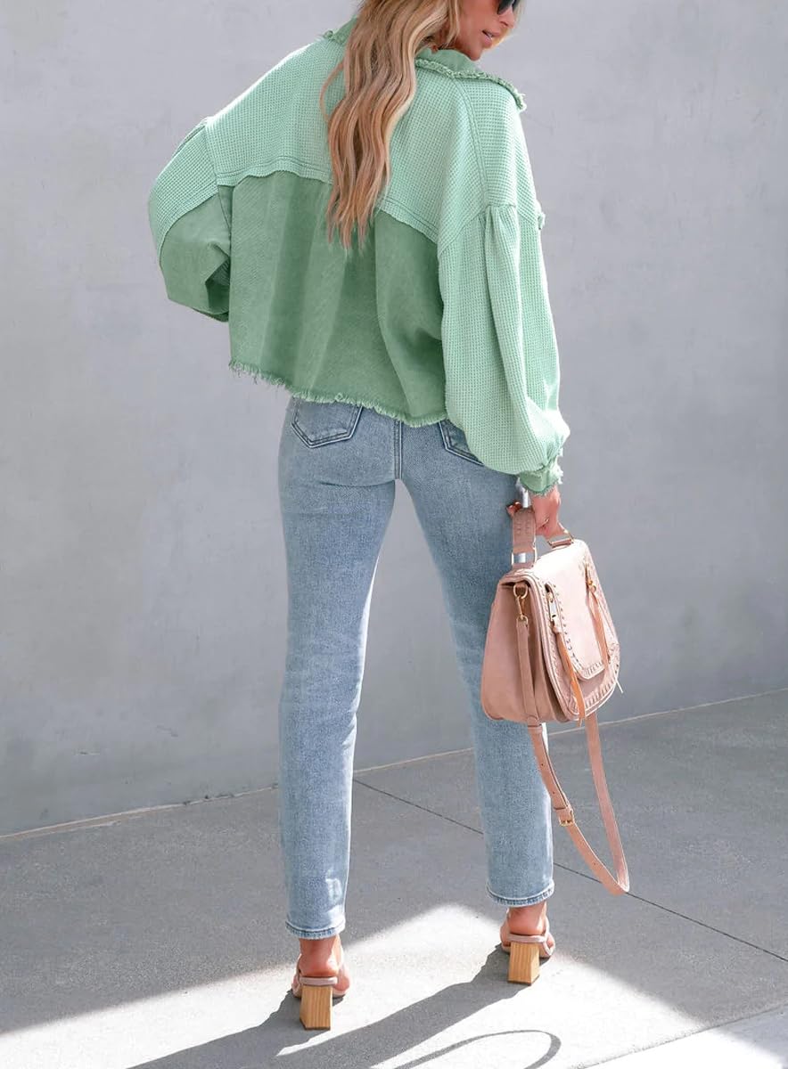 Women's Cropped Waffle Knit Jacket - Boyfriend Style Button Down Shacket Top for Casual Outfits & Layering | Perfect for Fall, Spring & Cozy Date Nights