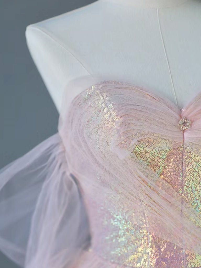 Elegant Pink Sweetheart Neck Tulle Sequin Long Prom Dress for Women - Perfect for Graduation, Homecoming & Formal Events