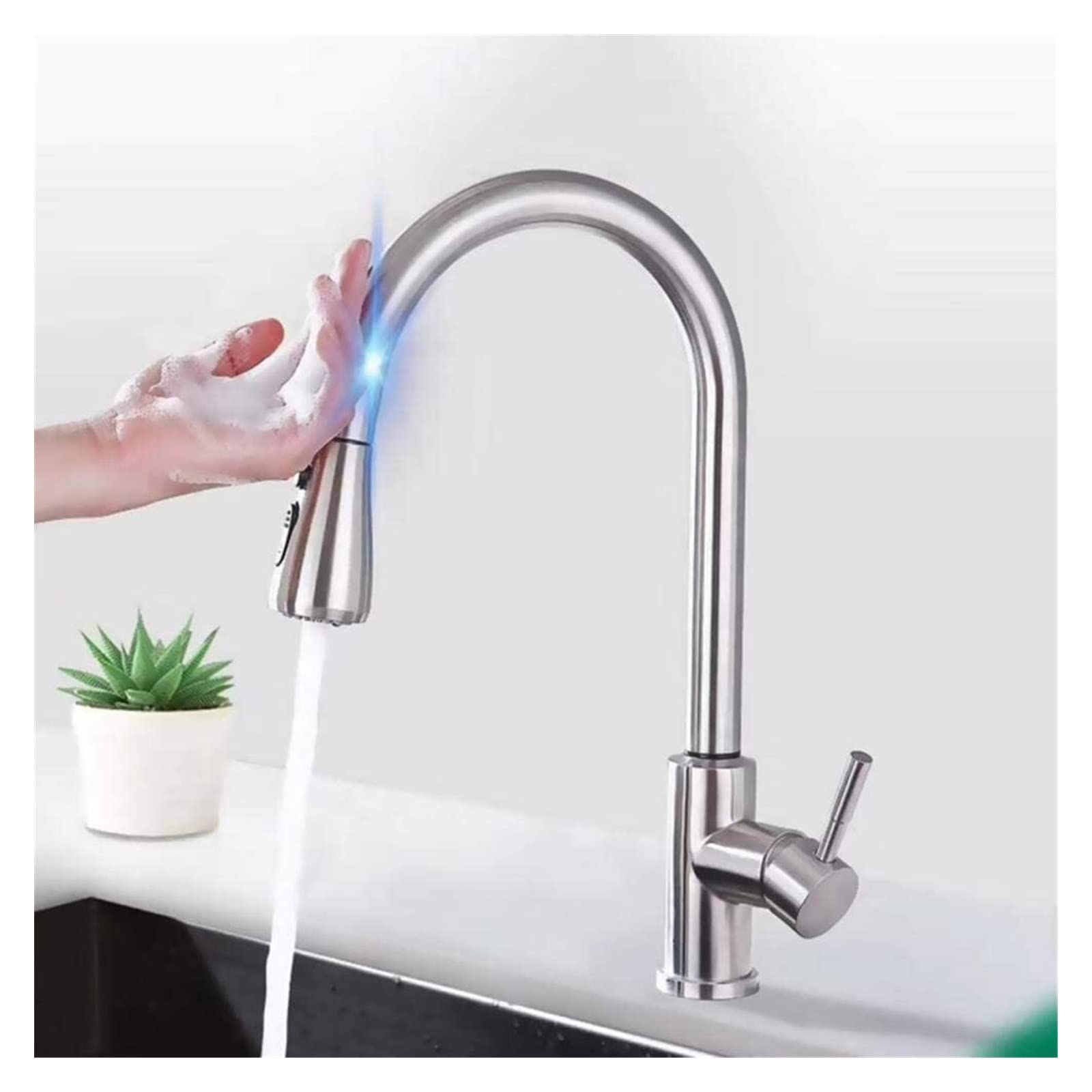 Touchless Pull Down Kitchen Faucet with High Arc Single Handle - Brushed Nickel Finish, UK Standard Fittings - Perfect for Modern Kitchens, Easy Cleaning & Hands-Free Operation