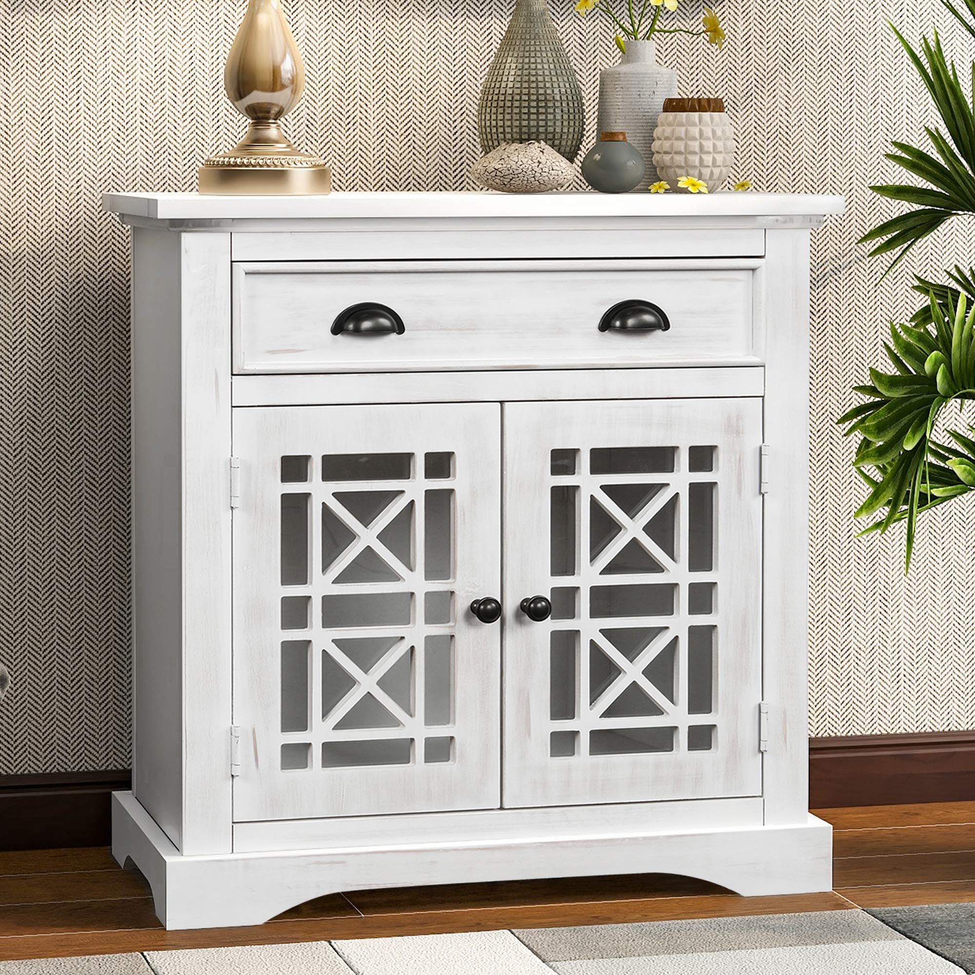Retro Style White Wood Storage Cabinet with Doors & Drawer - Vintage Home Organizer for Kitchen, Entryway, Living Room & Bedroom - Perfect for Storing Linens, Toys, Books & Home Decor Accessories