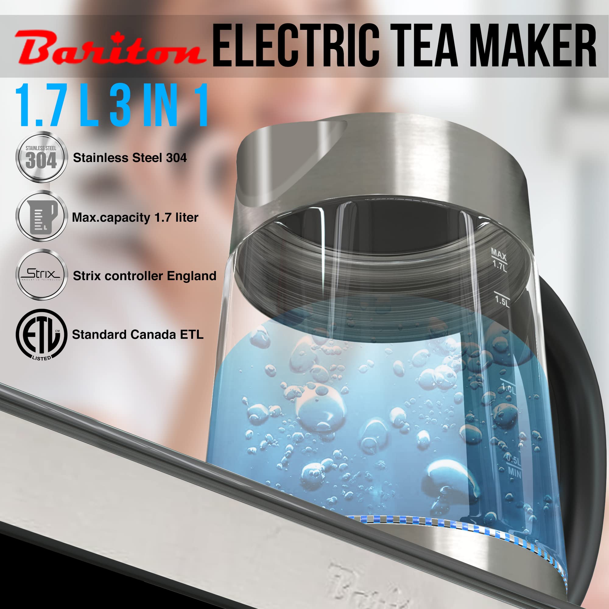 BARITON BTM-1780GS 3-in-1 Electric Kettle - Smart Tea Maker & Coffee Brewer with Digital Touch Display, Strix Safety Technology - Perfect for Home, Office & Dorm Use