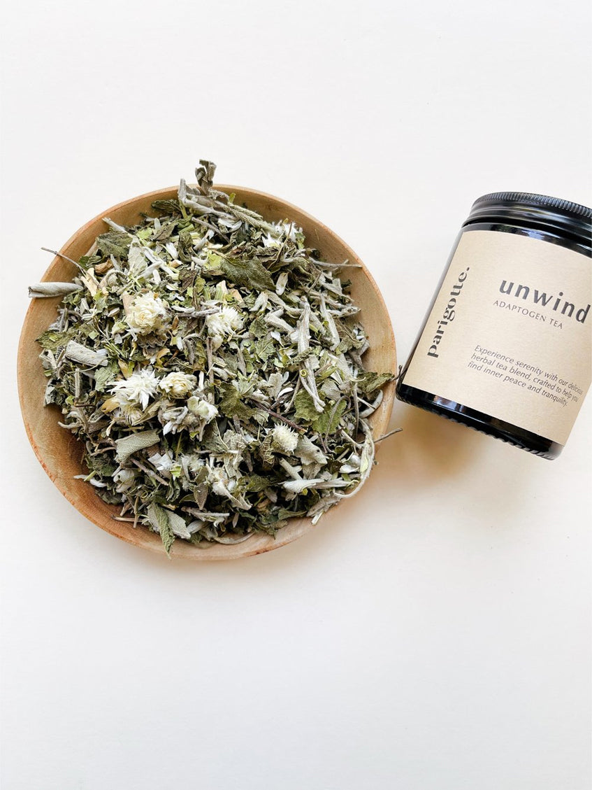 Parigotte Adaptogen Tea for Stress Relief & Relaxation - Herbal Tea Blend to Unwind & Rebalance - Perfect for Evening Relaxation & Self-Care Rituals
