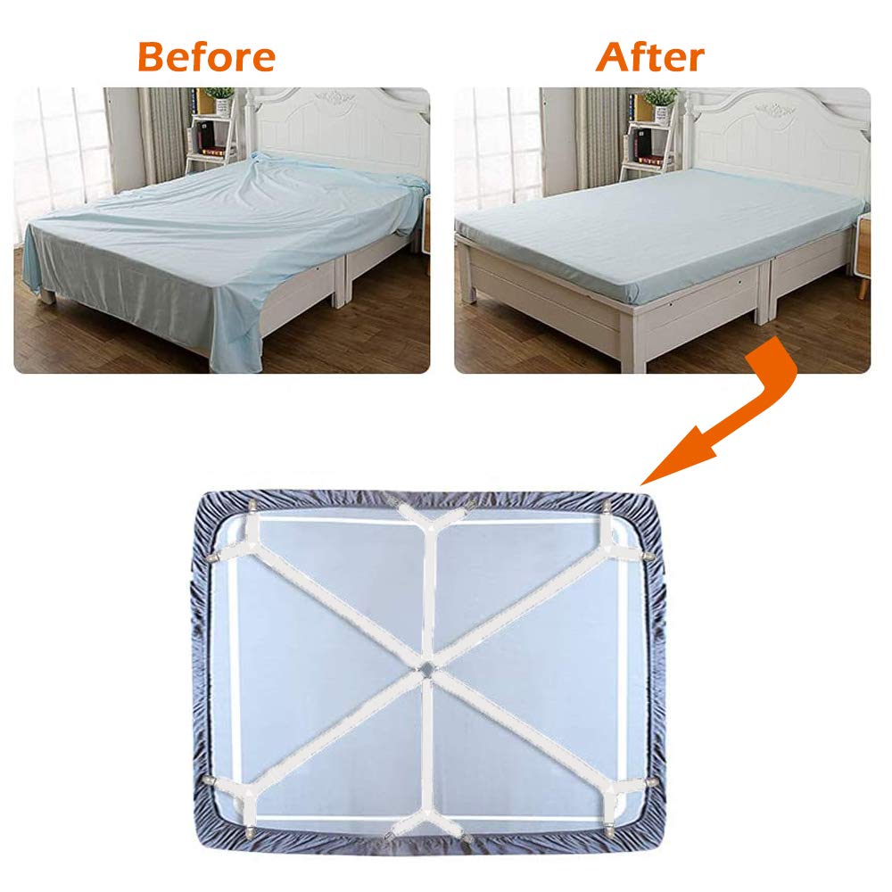 6-Way Adjustable Elastic Sheet Clips - Secure Fitted Sheets, Tablecloths & Sofa Covers - Triangle Design Fits Round & Square Mattresses (White) - Perfect for Home, Hotel & RV Use