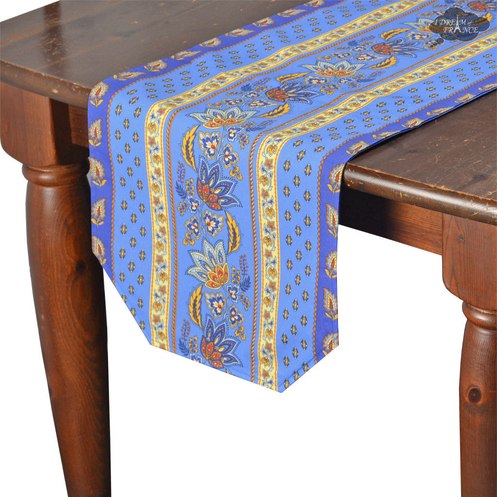 Le Cluny 16x72 Inch Lisa Blue Acrylic Coated Cotton Provence Style Table Runner - Elegant Dining Table Decor for French Country Weddings & Farmhouse Dining Rooms
