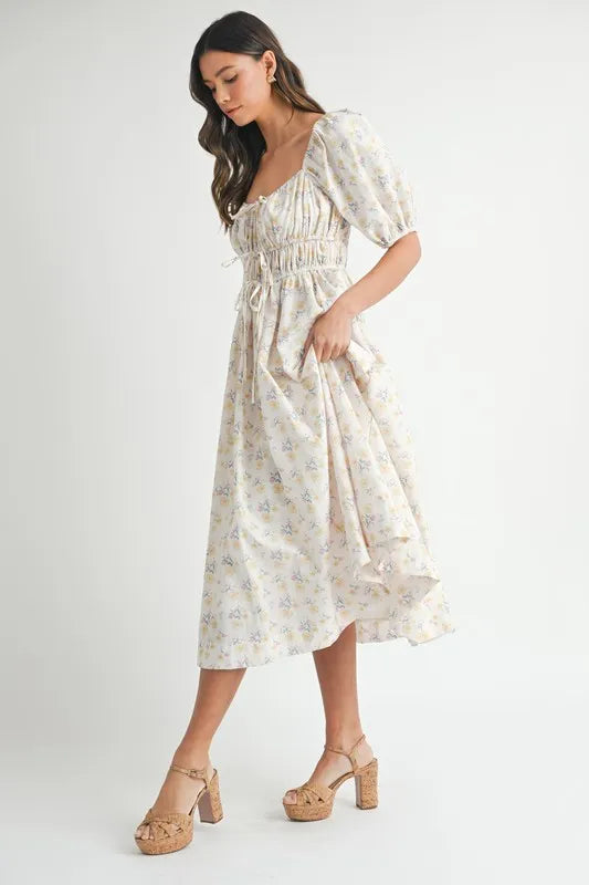 Floral Puff Sleeve Midi Summer Dress for Women - Boho Flowy Beach Dress with Ruffle Hem, Perfect for Vacation, Wedding Guest & Outdoor Parties
