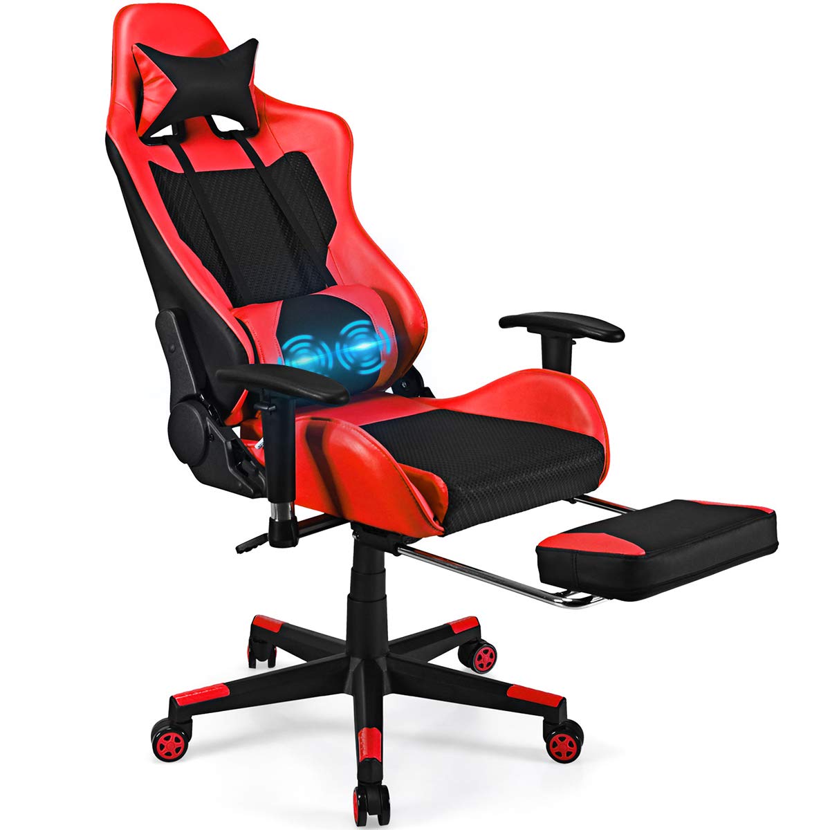 POWERSTONE Ergonomic Gaming Chair with Footrest - High Back Racing Esports Computer Chair, Massage Leather Recliner Swivel Office Chair for Women & Men (Red) - Perfect for Gaming, Streaming & Home Office Work