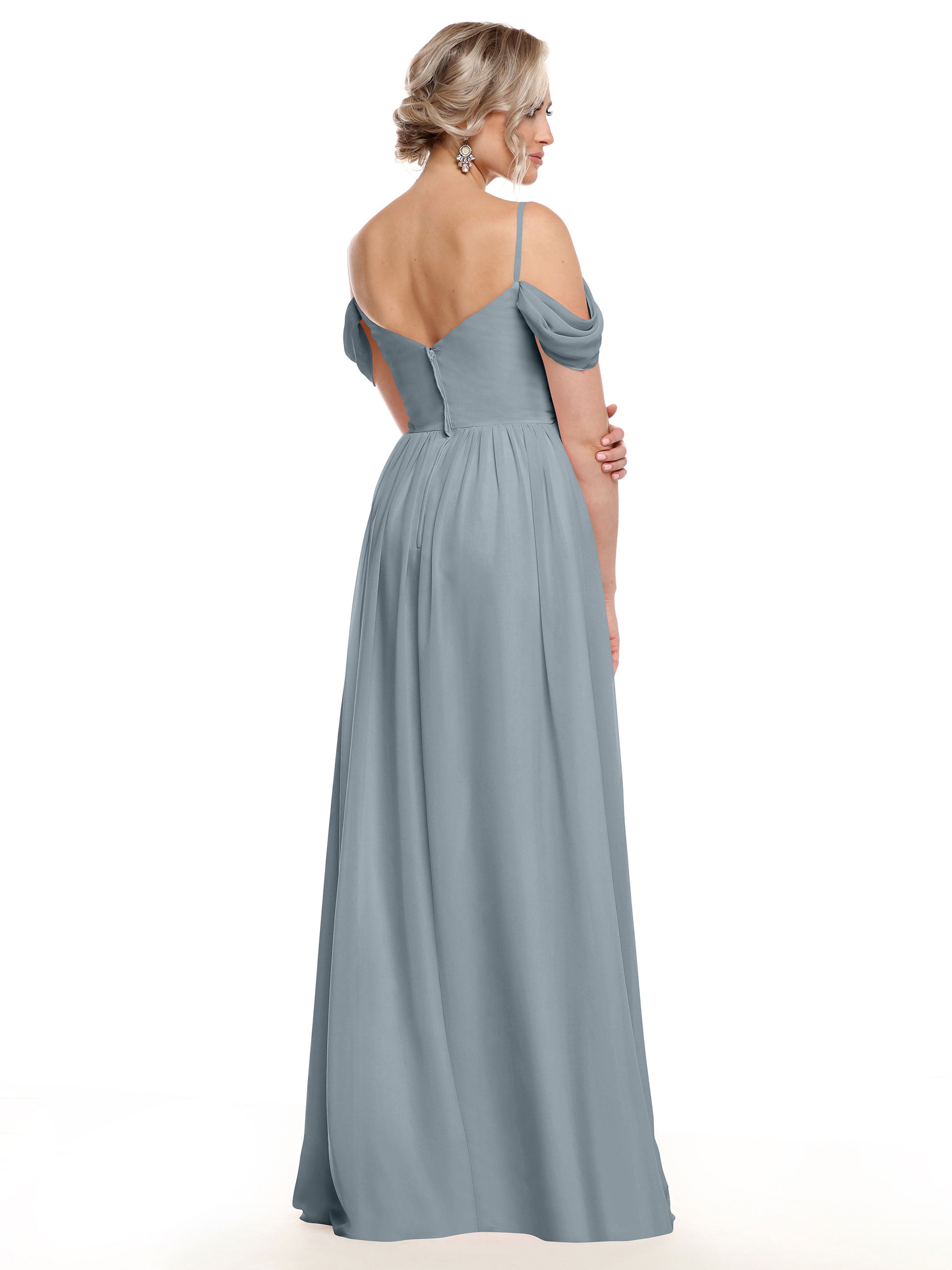 Elegant Off-the-Shoulder Chiffon Bridesmaid Dress with Spaghetti Straps - Perfect for Weddings, Formal Events & Special Occasions