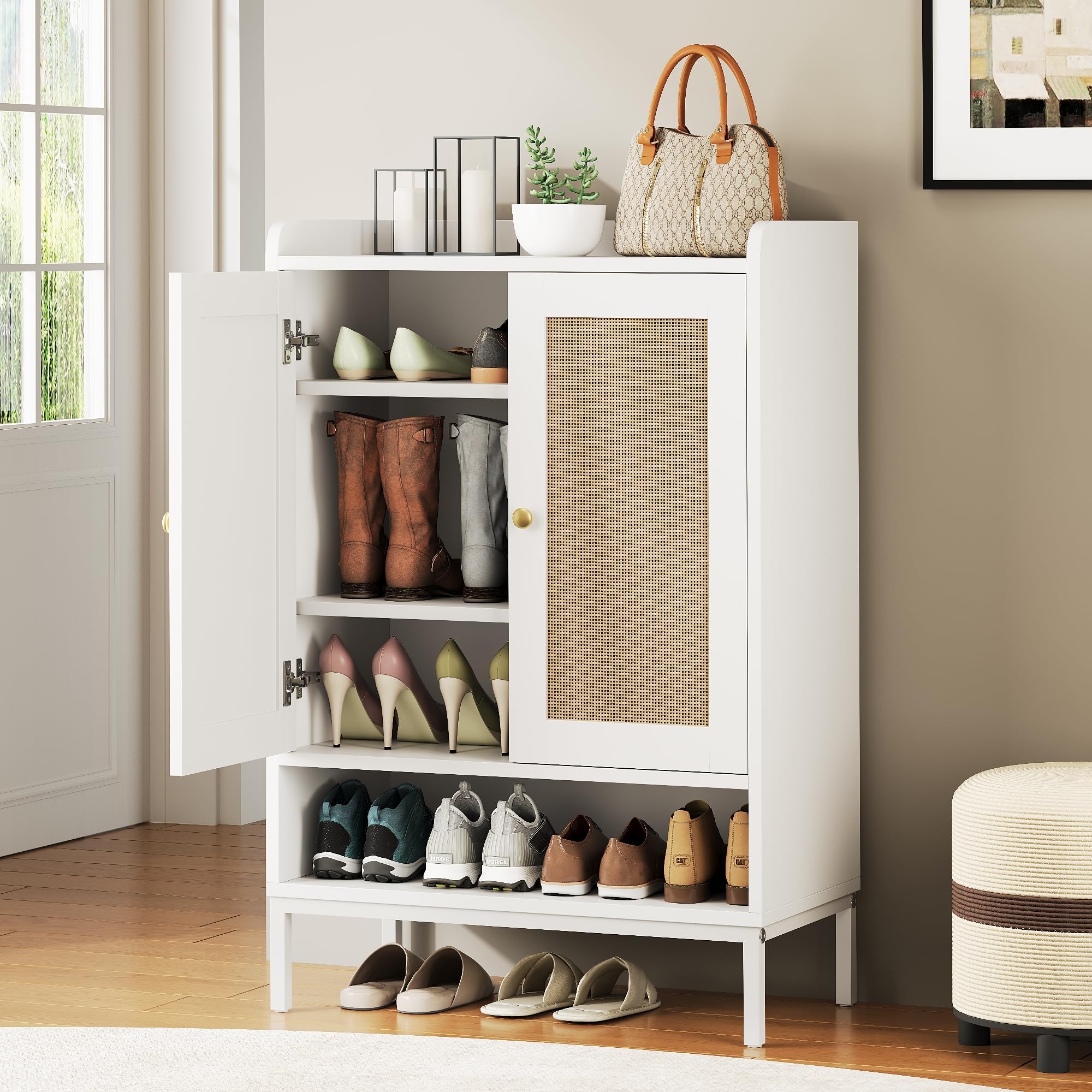 White 5-Tier Rattan Shoe Cabinet with Adjustable Shelves - Entryway Shoe Storage Organizer for 20 Pairs - Perfect for Hallway, Closet & Living Room - Space-Saving Home Decor Solution