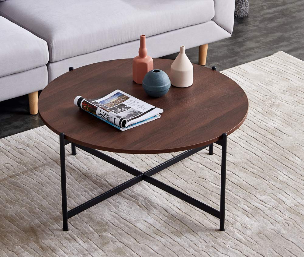Modern Round Coffee Table - Black Frame & Walnut Top 36