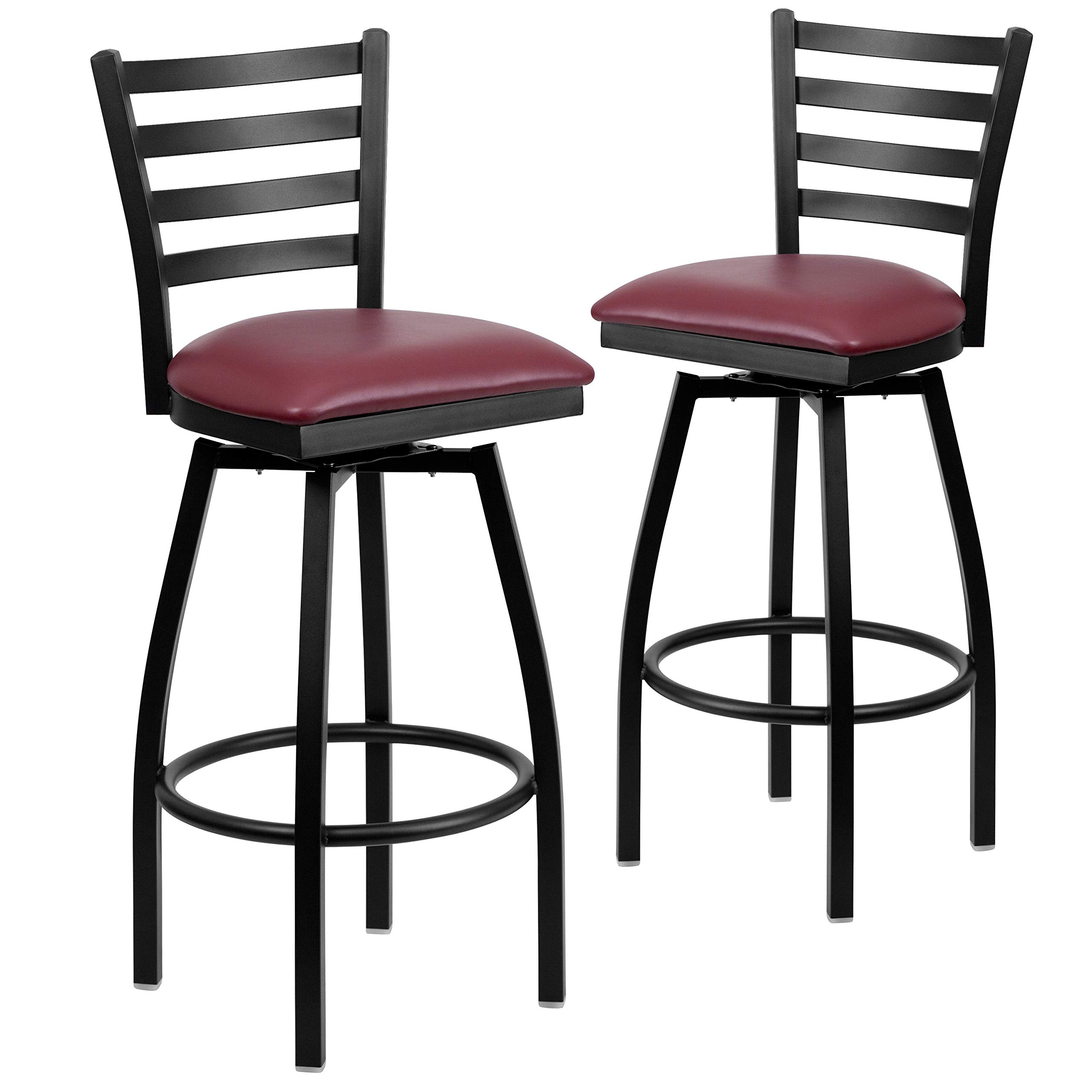 Flash Furniture 2-Pack HERCULES Series Black Metal Swivel Bar Stools with Burgundy Vinyl Ladder Back Seats - Perfect for Kitchen Islands, Home Bars & Game Rooms