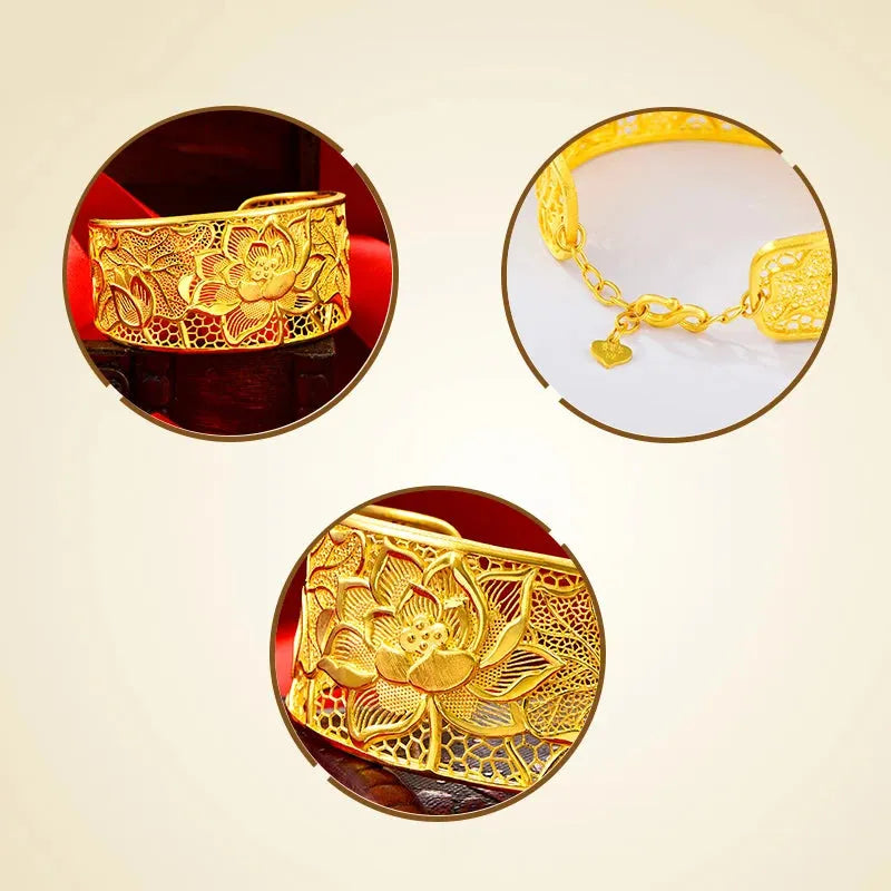 24K Pure Gold Bracelet - 999 Solid Real Gold Bangle with Elegant Flower Design, Romantic & Classic Jewelry for Women | Perfect for Gifts, Weddings, Anniversaries & Special Occasions