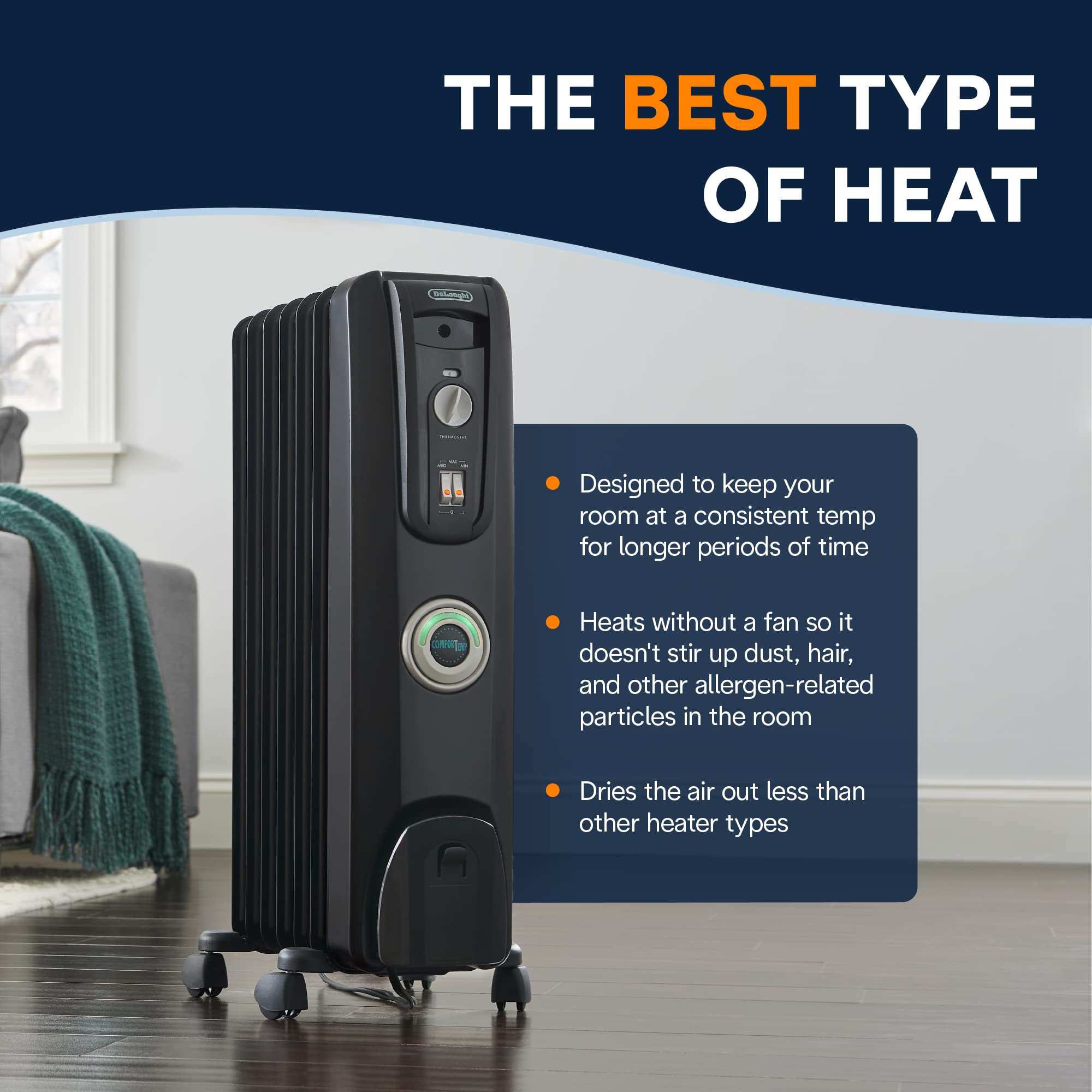 De'Longhi EW7707CB 1500W Oil Filled Radiator Heater - Portable Electric Space Heater for Indoor Use, Energy Efficient Room Heater with Safety Features for Office, Bedroom & Home - Perfect for Winter Warmth & Energy Savings