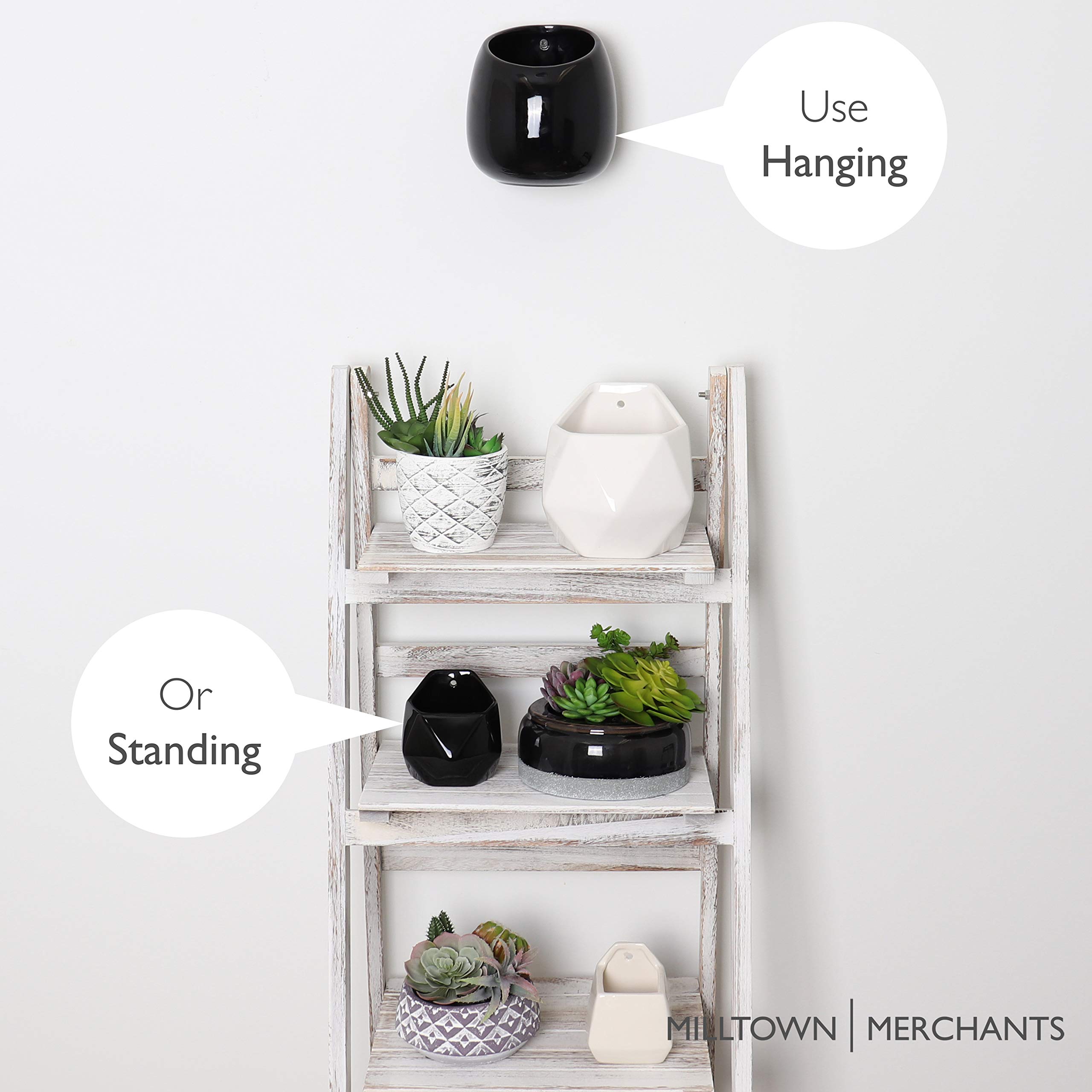 Milltown Merchants White Ceramic Wall Mounted Planters - Modern Succulent Wall Vases & Hanging Plant Pots for Indoor Living Walls - 1 Pack Black Home Decor for Kitchen, Bathroom, Office & Balcony