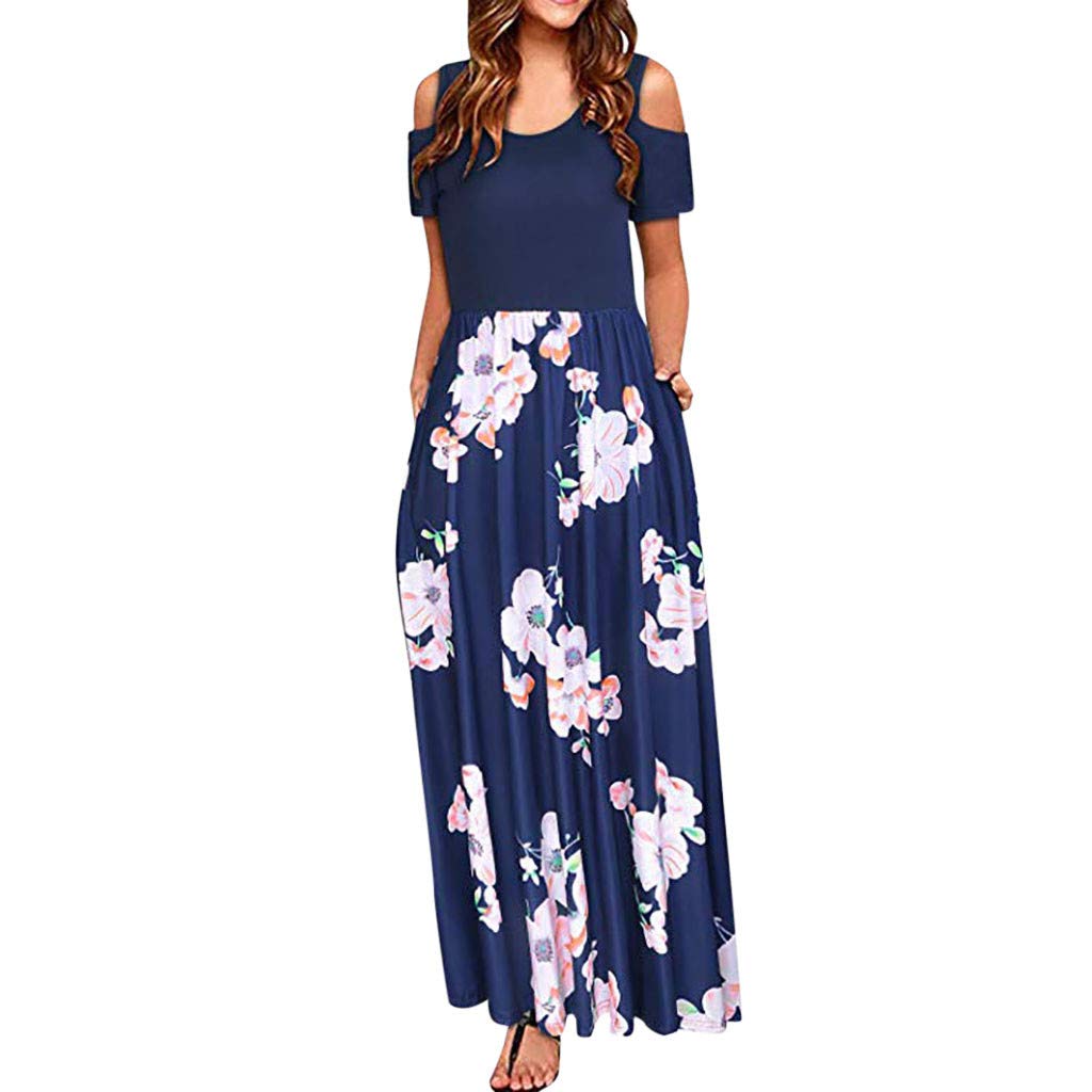 Handyulong Women's Maxi Dresses - Short Sleeve Printed Cold Shoulder Summer Beach Dress with Pockets | Casual Party Wear, Vacation Outfit & Boho Fashion