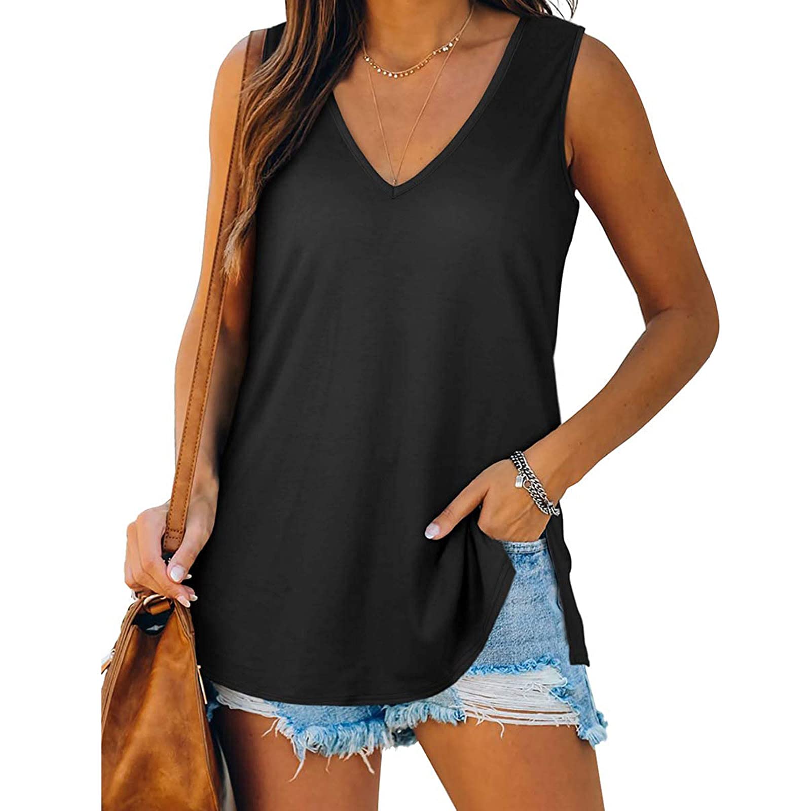 POLLYANNA KEONG Women's Workout Tank Tops - Summer Loose Fit Color Block Sleeveless T-Shirts for Casual Wear & Gym