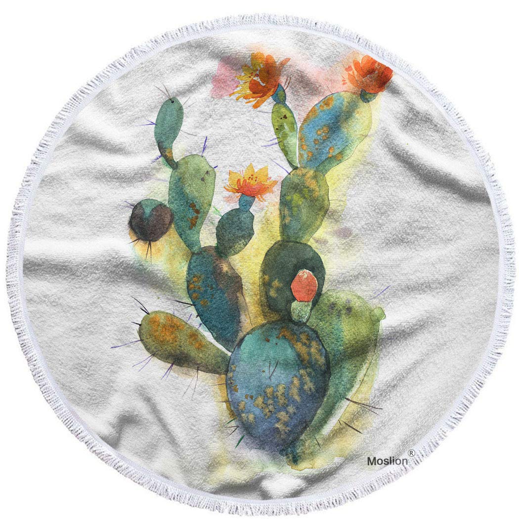 Moslion Hand Drawn Cactus Beach Towel - 63 Inch Oversized Watercolor Mexican Floral Design, Soft Microfiber Polyester - Perfect for Pool, Beach, Yoga & Summer Outings
