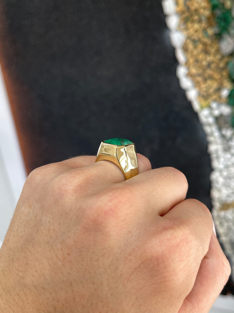8.51ct 18K Gold AAA Top Quality Huge Bezel Set Men's Emerald Solitaire Signet Pinky Ring - Perfect for Wedding Bands, Anniversary Gifts & Luxury Jewelry Collection