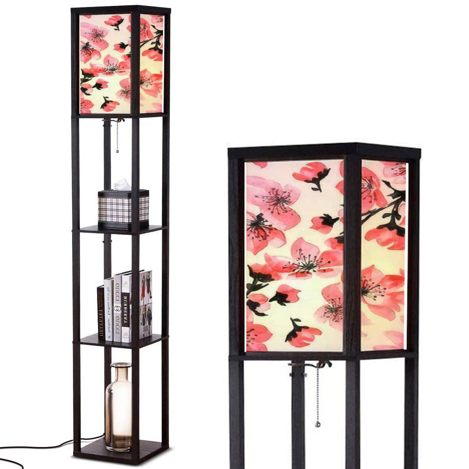 Modern Floor Lamp with Shelves - Watercolor Pink Floral Design on White Wooden Standing Bookshelf Lamp with Linen Shade for Living Room, Bedroom & Office - Perfect for Reading Nook, Home Decor & Workspace Lighting