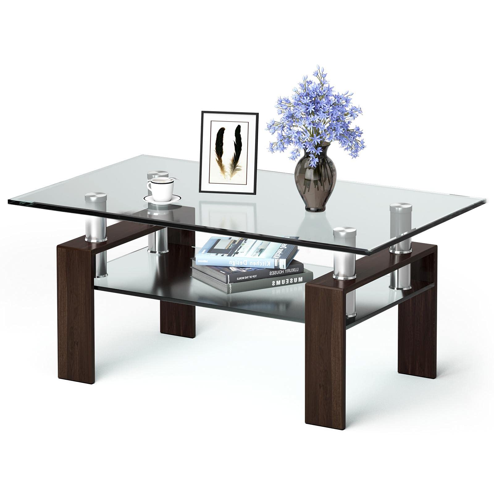 NAFORT Modern 2-Tier Rectangle Glass Coffee Table with Metal Legs & Storage Shelf - Tempered Glass Top Living Room Table for Home Decor | Perfect for Small Spaces, Apartments & Lounge Areas