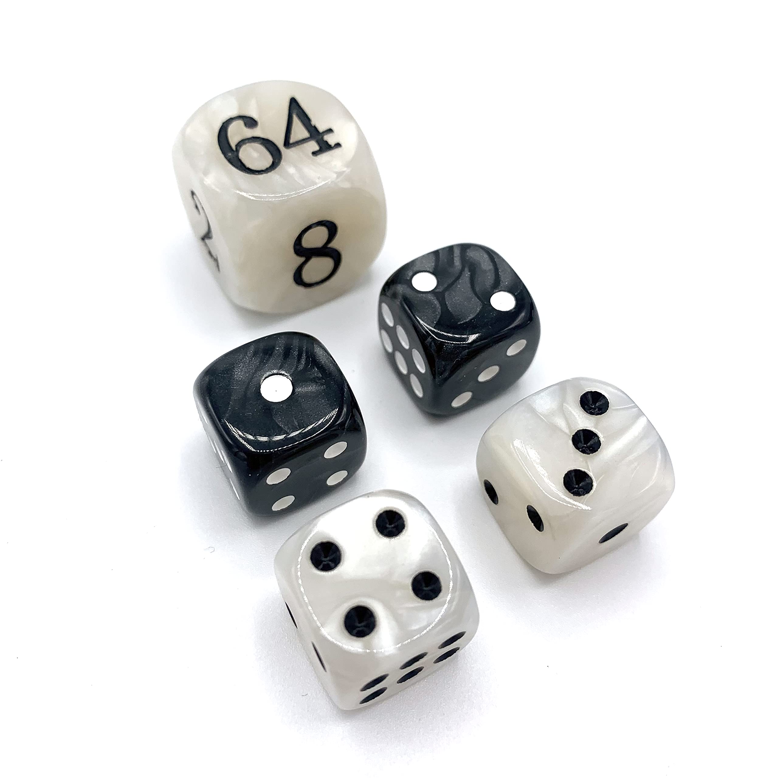Luck Lab Backgammon Pearl Dice Set - 22mm Doubling Cube & Four 16mm Dice with Bonus Storage Bag, Black/White Marbleized - Premium Game Accessories for Backgammon, Board Games, Casino Night & Gifts