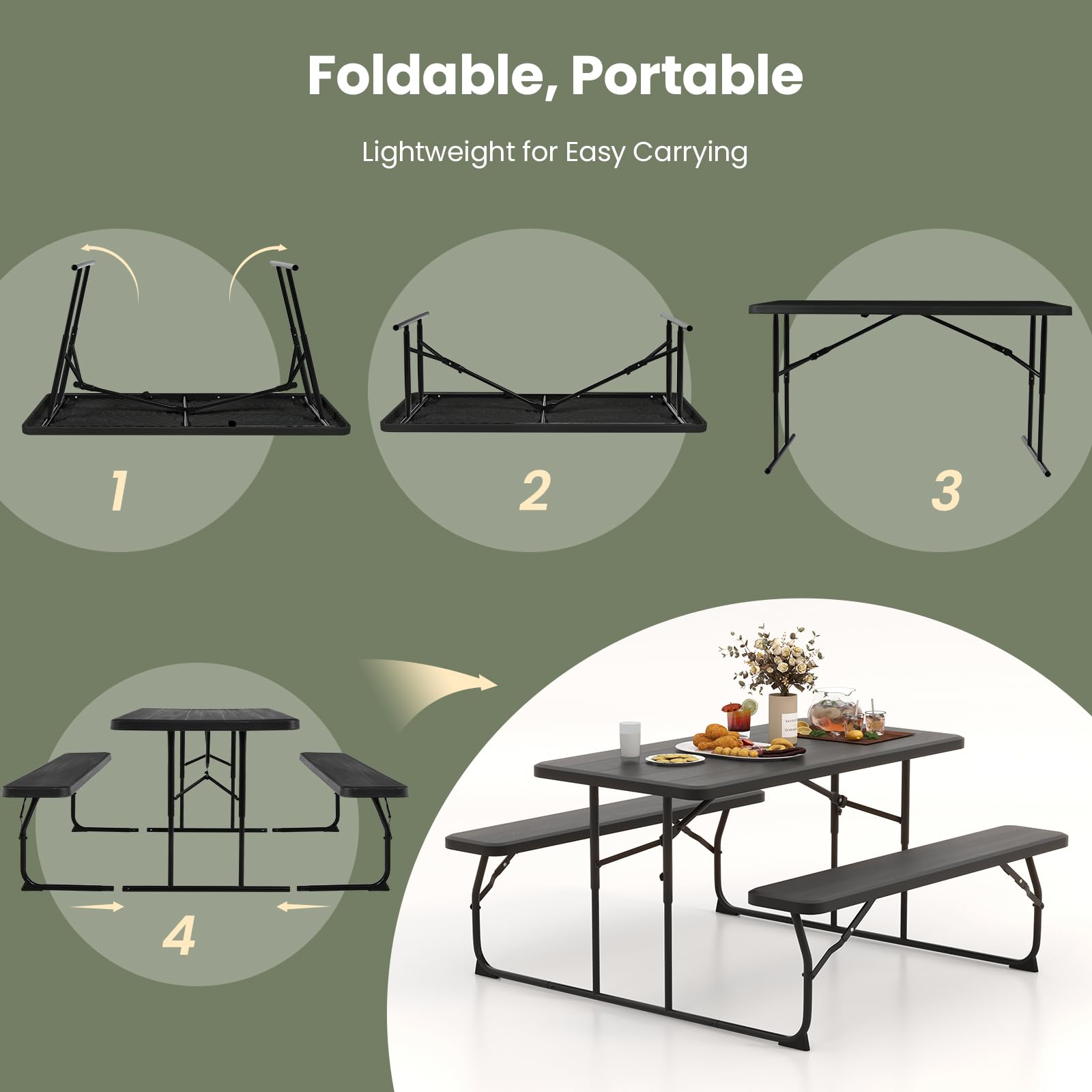 Tangkula Folding Picnic Table with 2 Benches - Portable Outdoor Metal Camping Table Set with Durable Wood-Like Plastic Tabletop & Sturdy Steel Frame - Foldable for Picnics, Parties, BBQs, Camping, Backyard & Beach (Black)