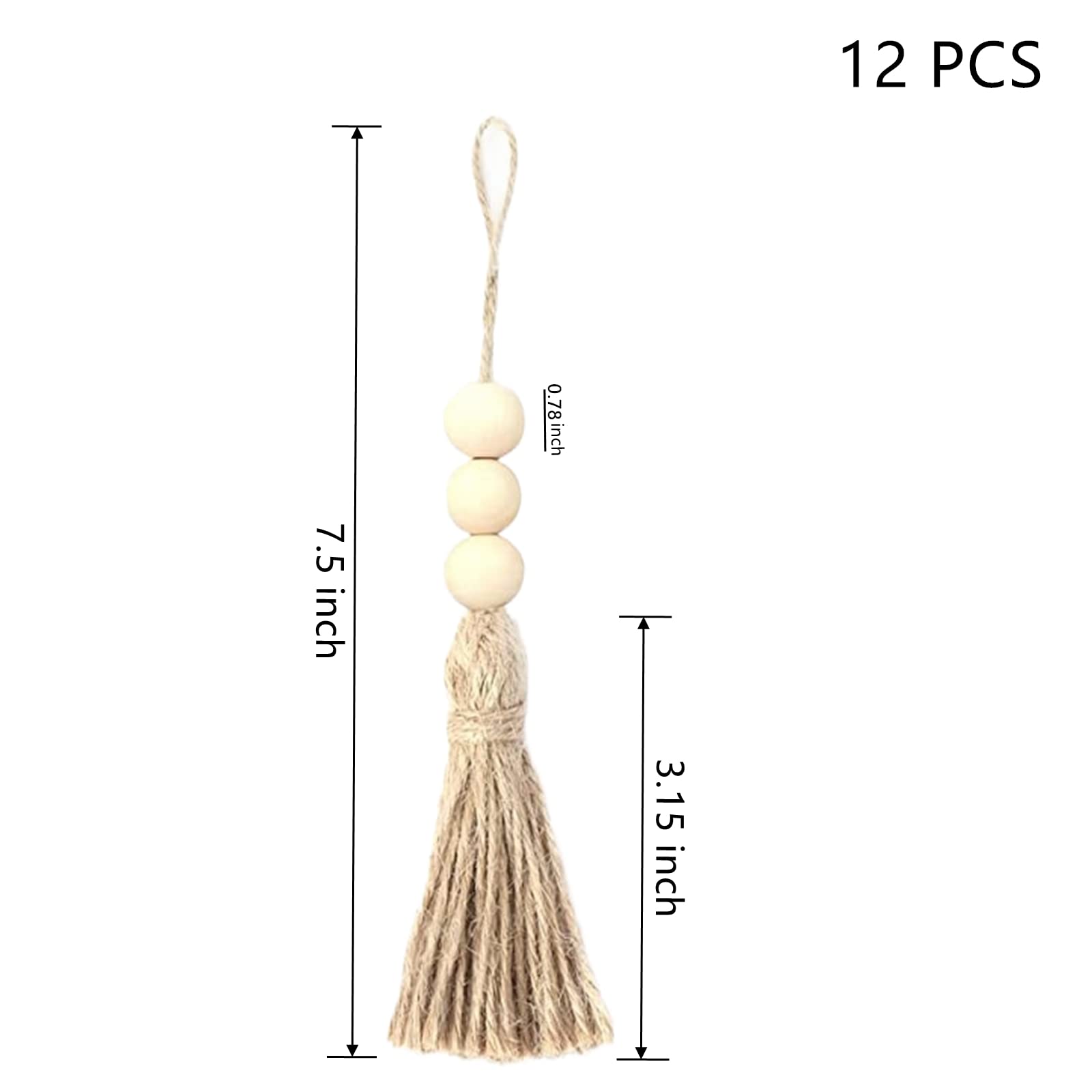 Happyay 12 Pcs Natural Jute Rope Tassel with 3 Wood Beads - Farmhouse Boho Decor for Closet Door Knob, Cabinet Pulls, Wall Hanging - Rustic Home & Wedding Decoration