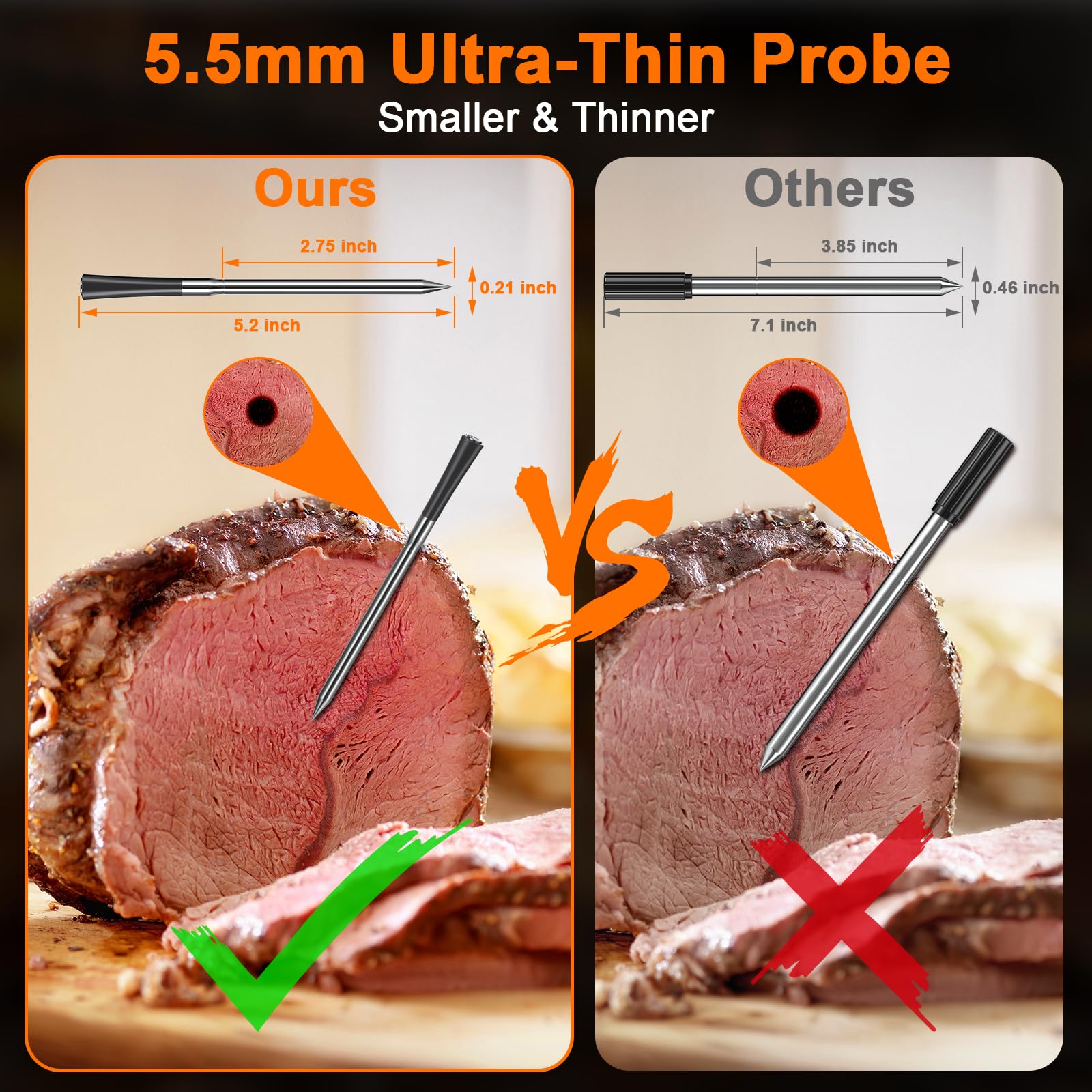 800FT Smart Wireless Meat Thermometer with 5.5mm Ultra-Thin Probe - Bluetooth 5.3 Digital Food Thermometer for Grilling, Smoking, Baking & Sous Vide | Perfect for BBQ, Kitchen, Oven & Outdoor Cooking
