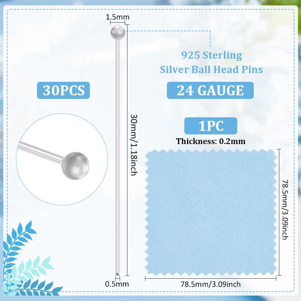 BENECREAT 30Pcs 925 Sterling Silver Ball Head Pins - 24 Gauge Jewelry Making Supplies for Earrings, Bracelets & DIY Crafts - 1.2 Inch Long Silver Wire Findings (Perfect for Beading, Wire Wrapping & Handmade Jewelry Design)