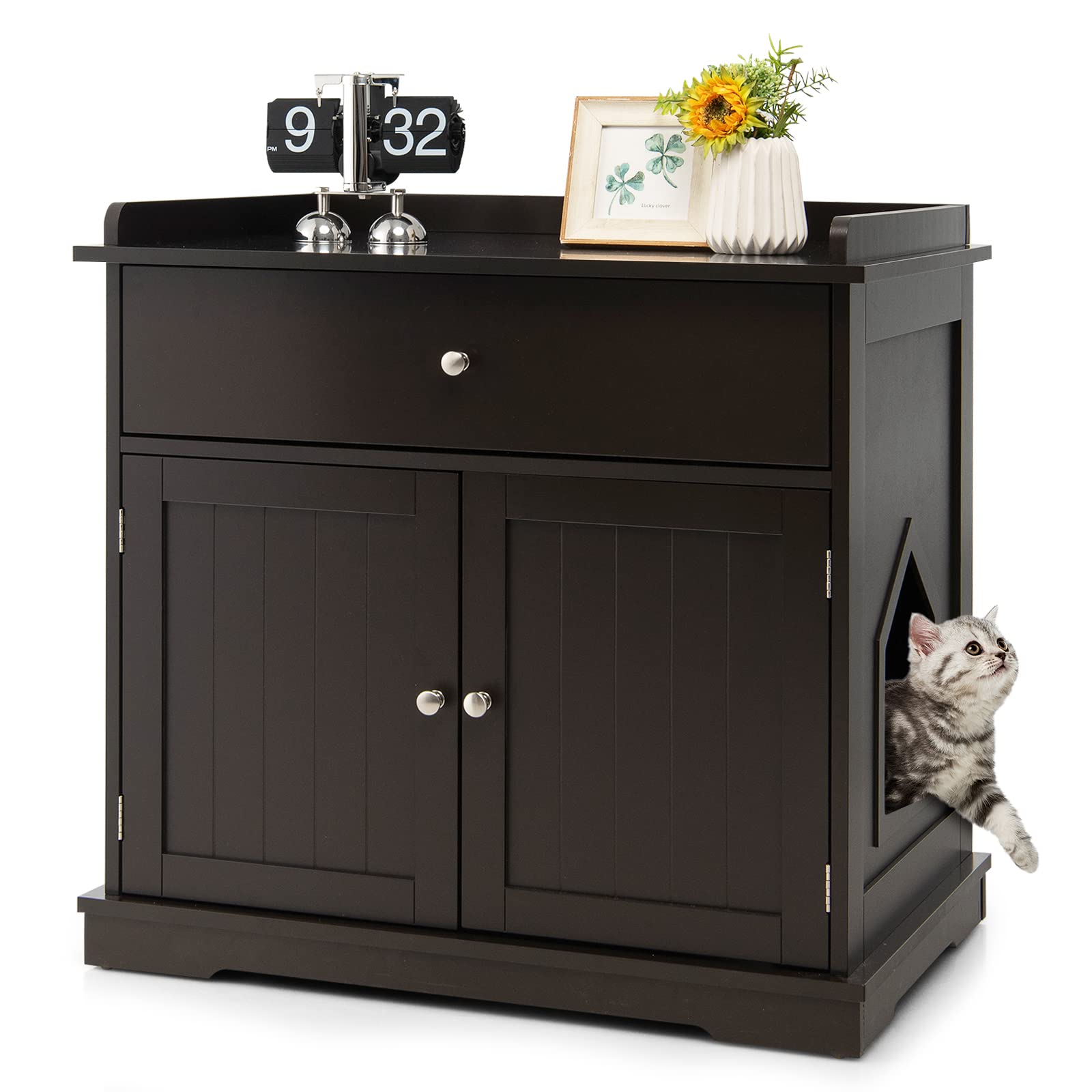 Tangkula Large Wooden Cat Litter Box Enclosure Cabinet with 2 Doors & Storage Drawer - Hidden Indoor Cat Washroom Furniture, Pet House Bench Side Table (Brown) | Perfect for Small Spaces & Stylish Home Decor