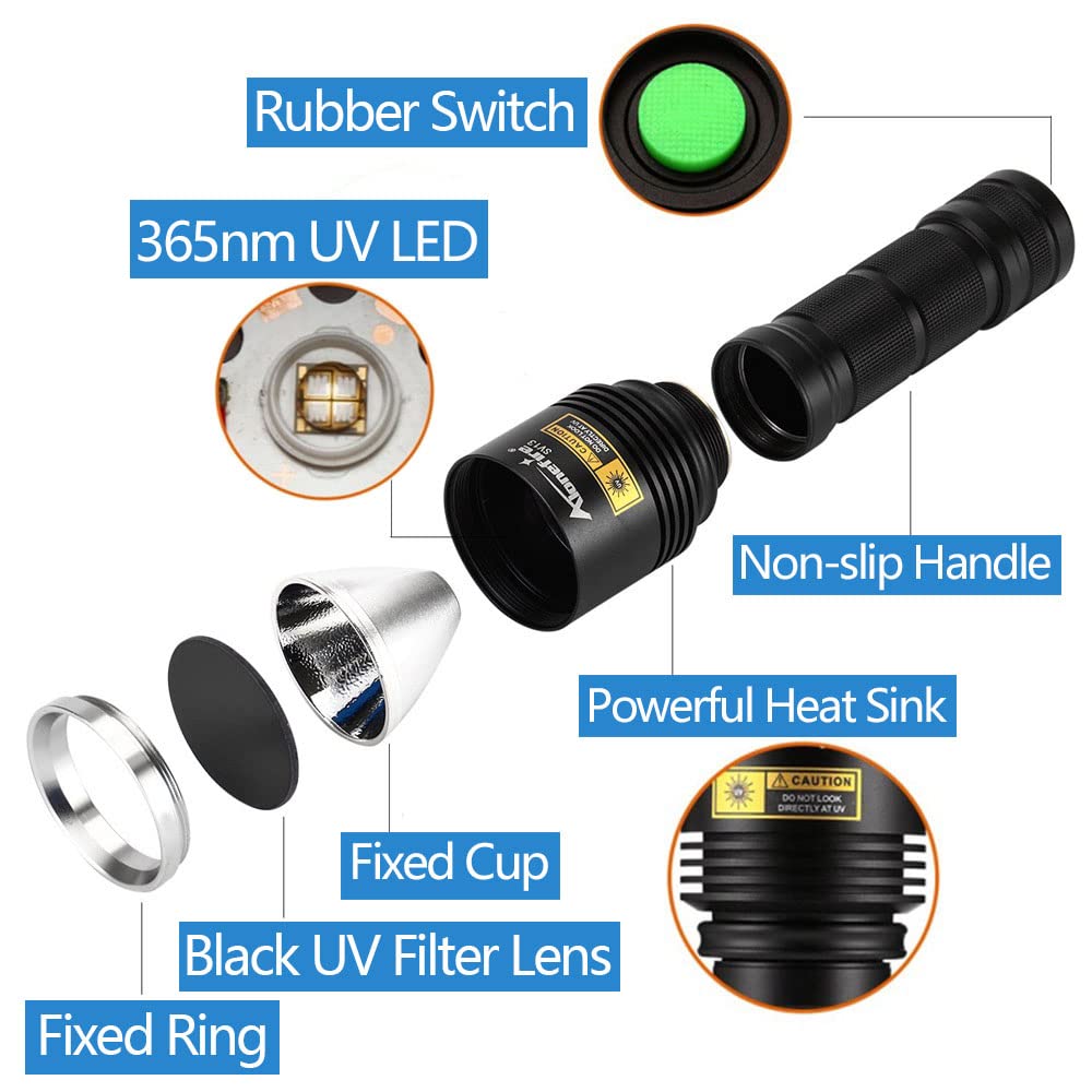 Alonefire SV13 15W 365nm UV Flashlight - USB Rechargeable Ultraviolet Blacklight for Pet Urine Detection, Resin Curing, Fishing, Scorpion Hunting & Mineral Identification | Includes UV Protective Glasses, Charger & Battery | Perfect for Home Inspection, Outdoor Adventures & DIY Projects