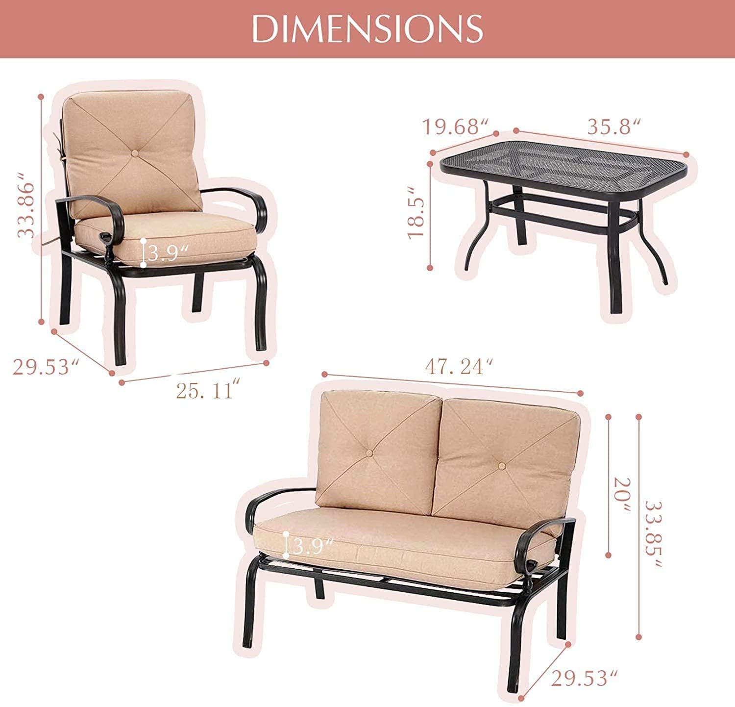Outdoor Patio Furniture Set - 2 Chairs, Loveseat & Coffee Table with Cushions, Wrought Iron Look Metal Garden Conversation Set (Brown) | Perfect for Lawn, Front Porch, Backyard & Garden Relaxation