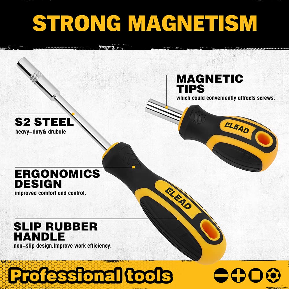 26-Piece Magnetic Screwdriver & Bit Set with Strong Magnetic Holder - Durable Torx, Square, Phillips & Slotted Bits - Ergonomic Cushion Grip 95mm & 210mm Handles - Perfect for Home Repair, DIY Projects & Professional Use