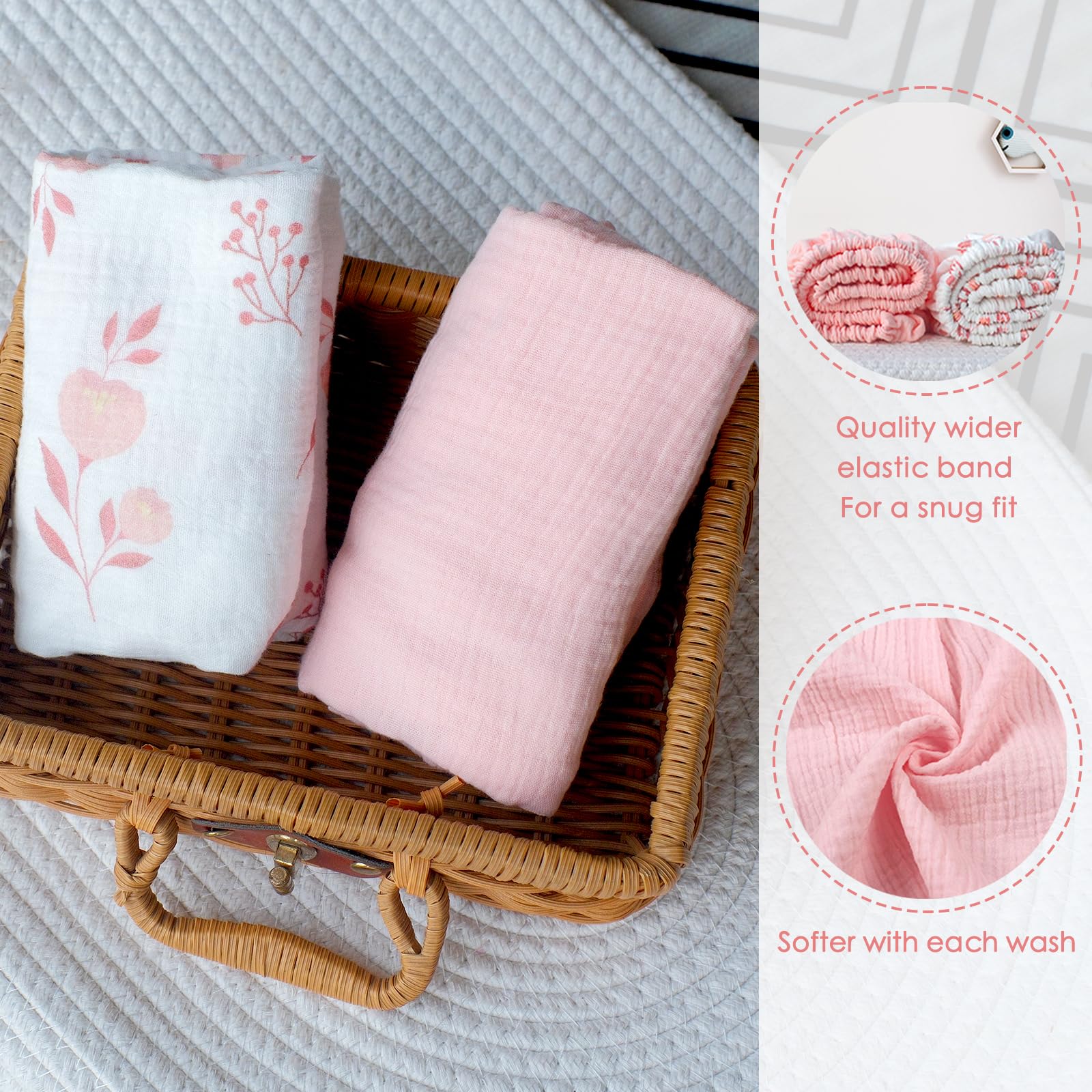 Soft 100% Cotton Muslin Bassinet Sheets for Baby Girls - 2 Pack Fitted Crib Sheets for Oval, Rectangle & Hourglass Mattresses (Pink Floral Design) - Perfect for Nursery, Travel & Co-Sleeping