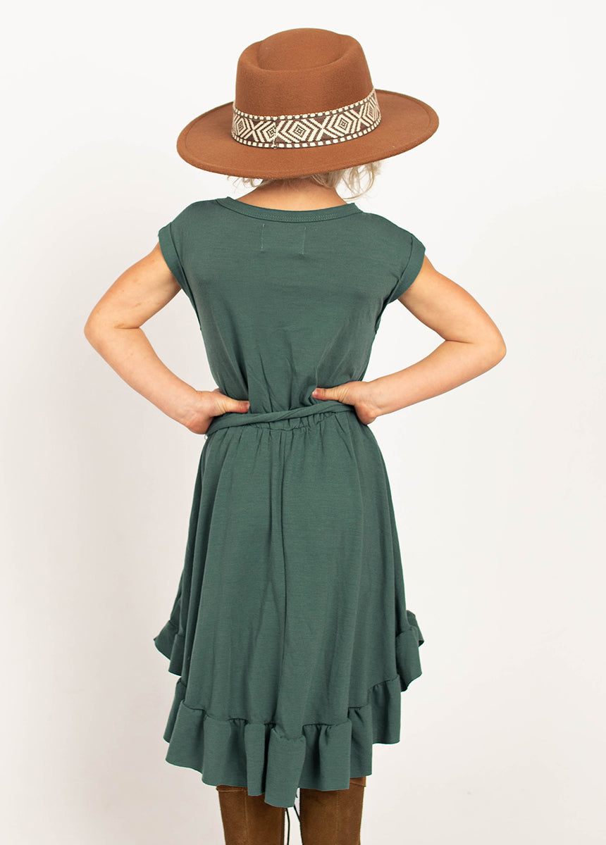 Amoura Deep Teal Dress for Women - Elegant Flowy Midi Dress with V-Neck & Ruffle Sleeves - Perfect for Weddings, Parties & Date Nights