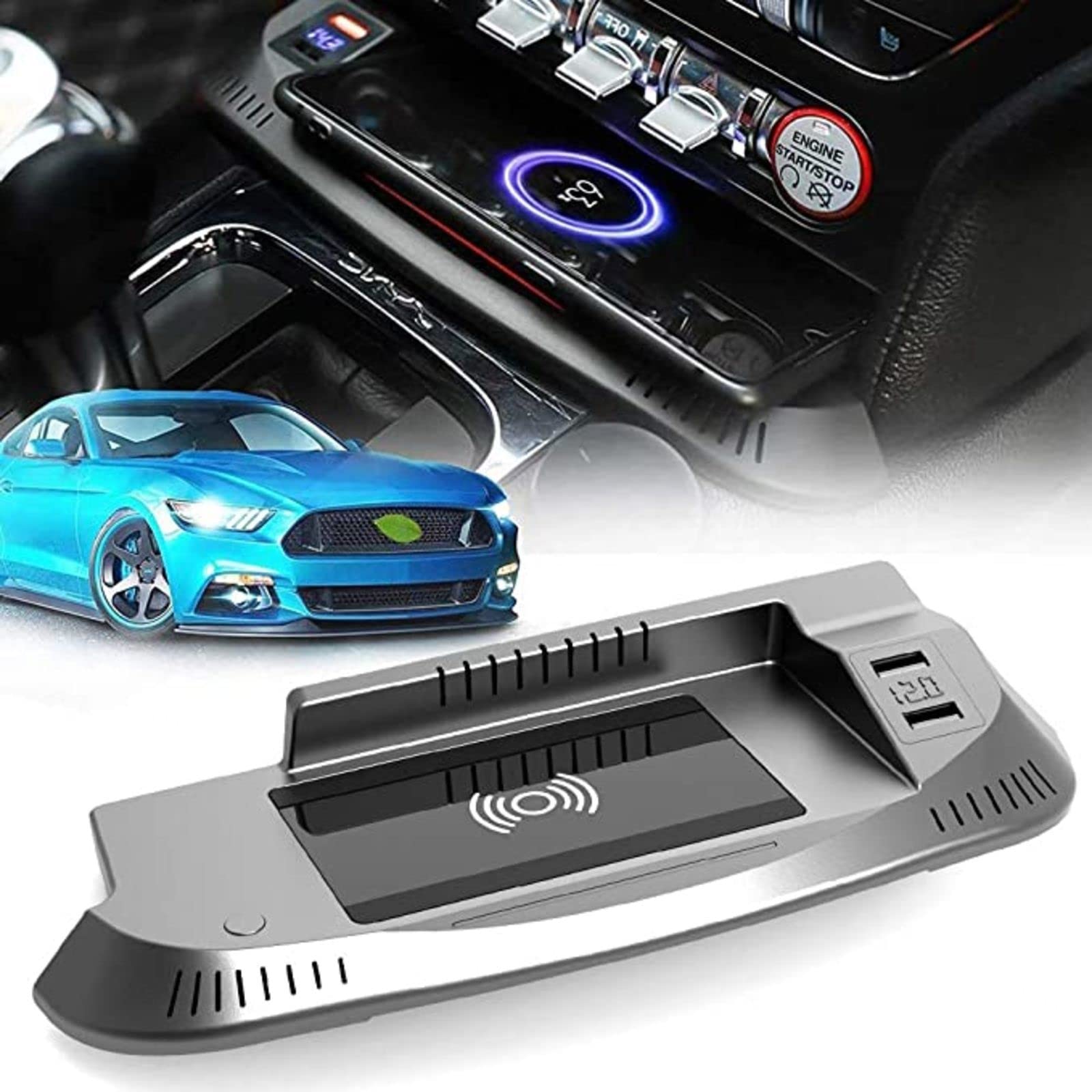 Fast Wireless Car Charger for Ford Mustang 2015-2021 - QC3.0 USB & 18W PD Port with 15W Qi Charging Pad - Compatible with iPhone 11/Pro/Max/XS/XR/X & Galaxy S20/S10/S9/S8 - Perfect for Road Trips & Daily Commuting