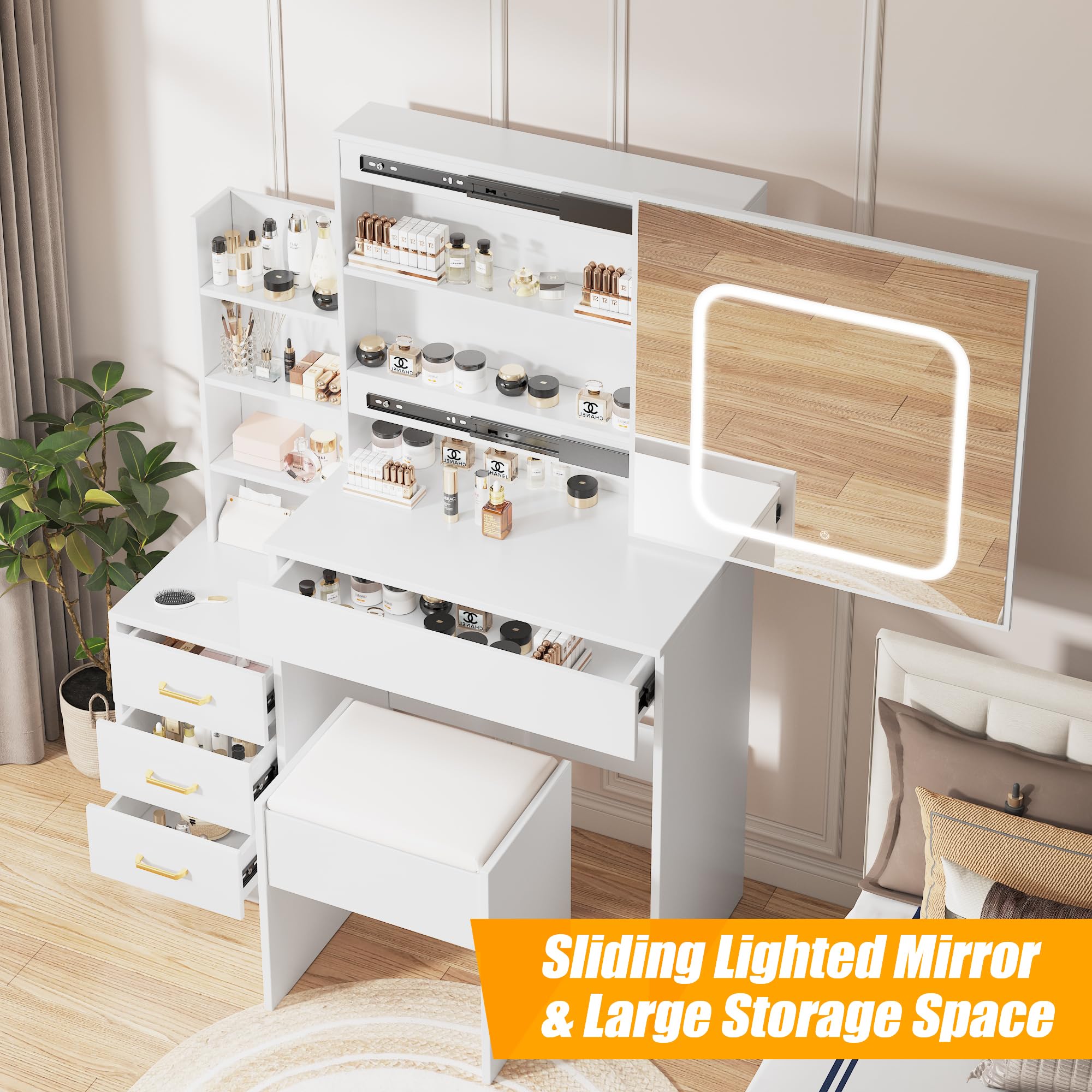 Vanity Desk with LED Lights & Mirror, Makeup Dressing Table with Sliding Lighted Mirror, Power Outlet, 4 Drawers & Storage Shelves, Includes Cushioned Stool - Perfect for Bedroom, Home Salon & Beauty Room (White)
