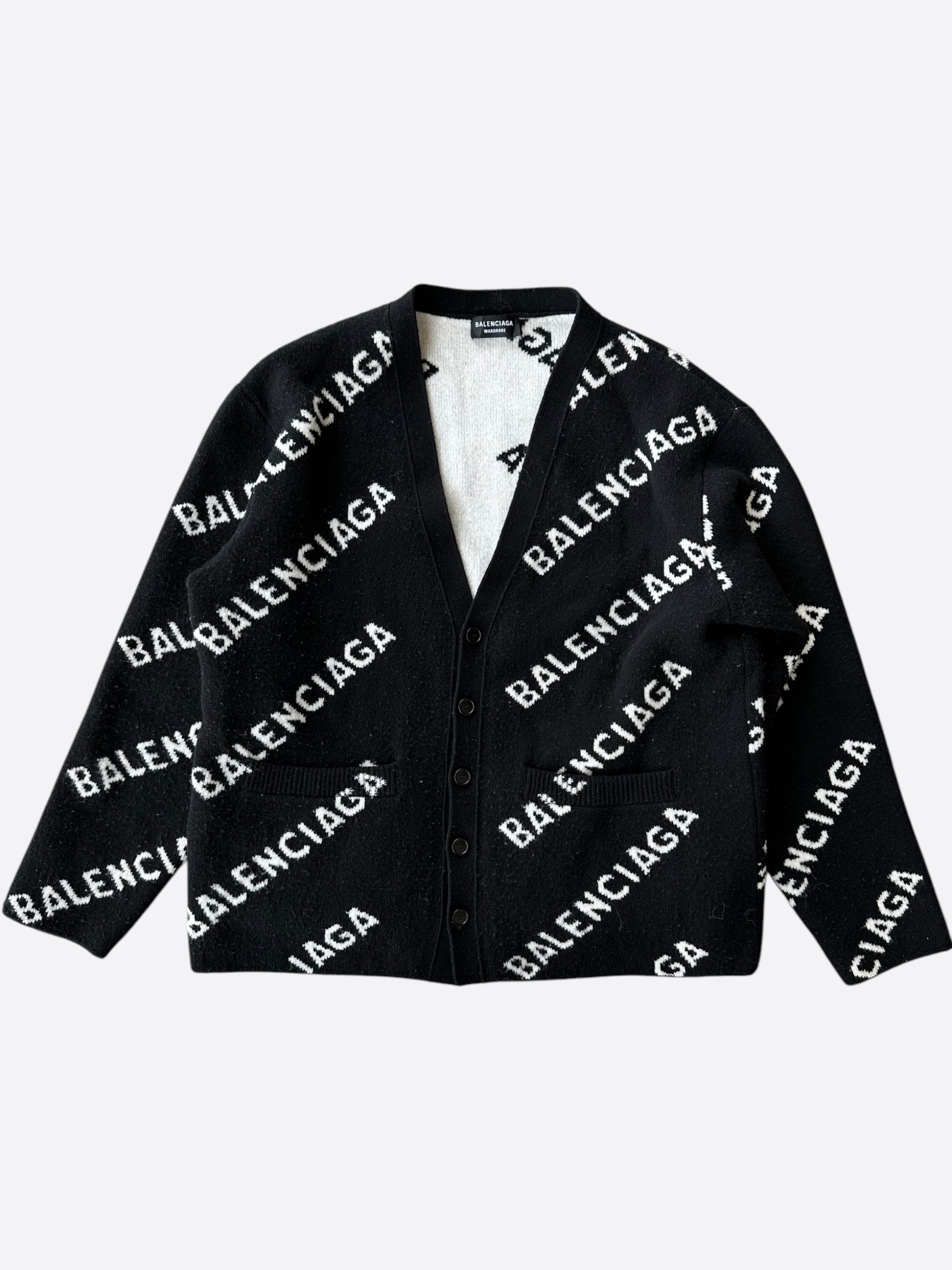 Balenciaga Black & White Logo Print Cardigan Sweater | Luxury Designer Knitwear for Men & Women | Perfect for Casual Outfits & Streetwear Fashion
