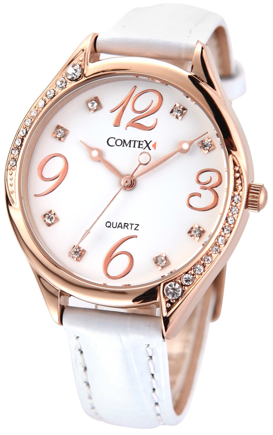 COMTEX Women's Watches with Large White Dial, Rose Gold Tone, White Leather Strap - Elegant Fashion Watch for Ladies, Perfect for Office, Party & Everyday Wear