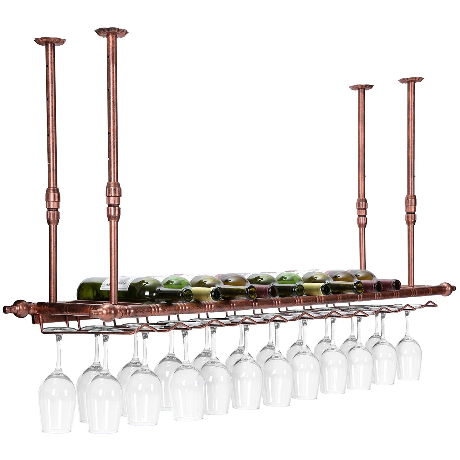 KEPMOGOH Hanging Wine Rack & Glass Holder - Ceiling Mounted Wine Storage, Wall Mount Bottle Display, European Style Wrought Iron Wine Glass Organizer for Kitchen, Bar, Dining Room, Living Room Decor
