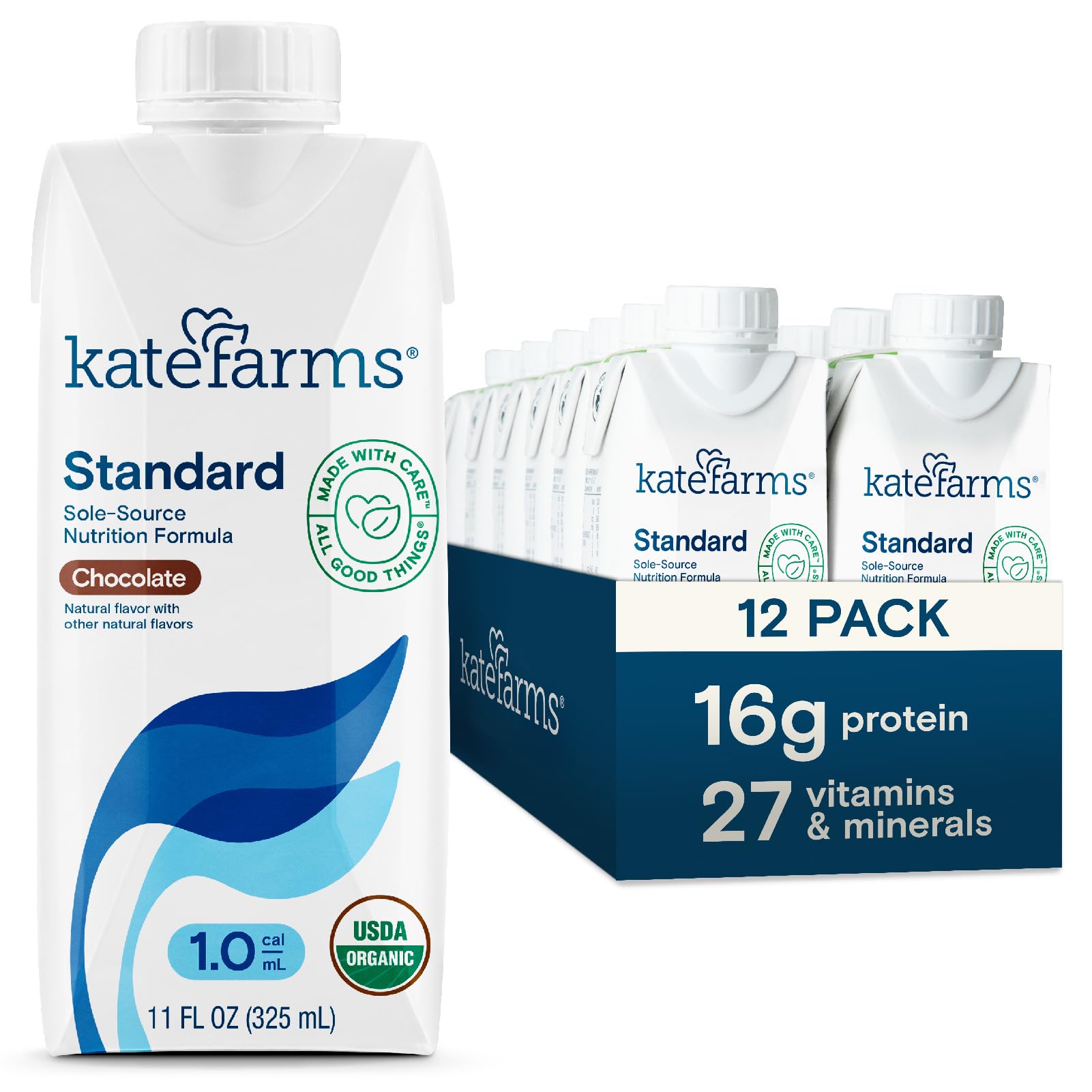 KATE FARMS Organic 1.0 Chocolate Nutrition Shake - 16g Protein, 27 Vitamins & Minerals - Meal Replacement & Protein Shake - 11 oz (12 Pack) - Perfect for Post-Workout Recovery, Weight Management & Busy Lifestyles
