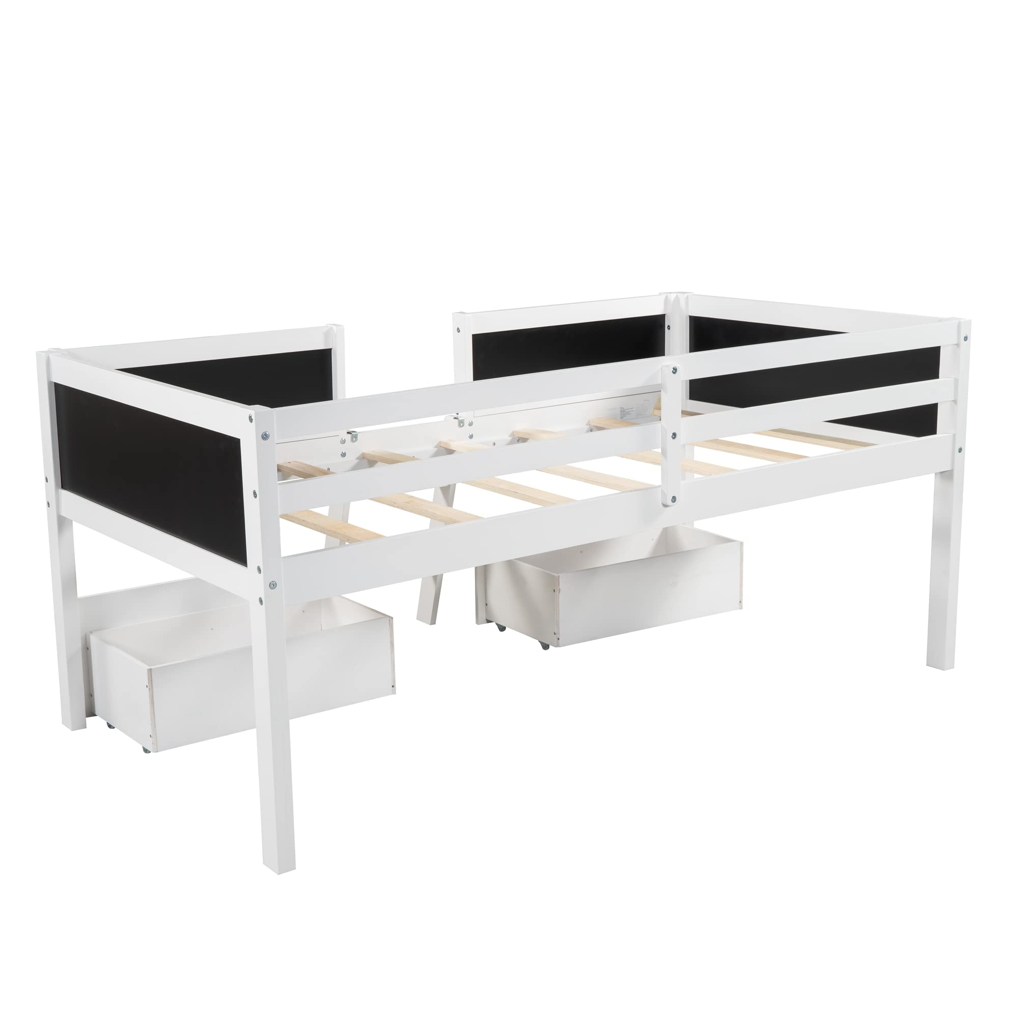 **White Twin Loft Bed with Two Movable Drawers & Ladder - Wooden Low Loft Bed for Kids with Decorative Guardrail & Chalkboard - Perfect for Boys & Girls Bedroom, Small Spaces & Play Areas**