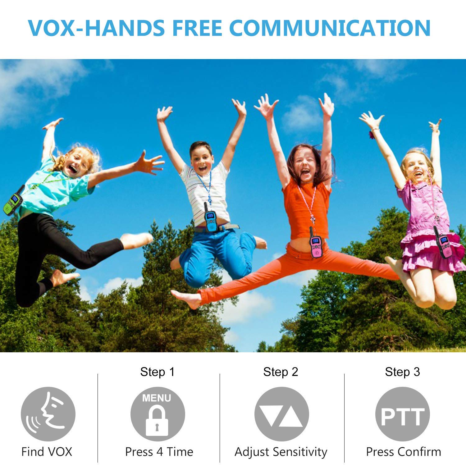 Wishouse Rechargeable Kids Walkie Talkies 4 Pack with 2 USB Chargers - Long Range Two Way Radios for Adults & Family - Outdoor Camping, Hiking, Indoor Games - Perfect Birthday & Christmas Gift for Boys Girls Children