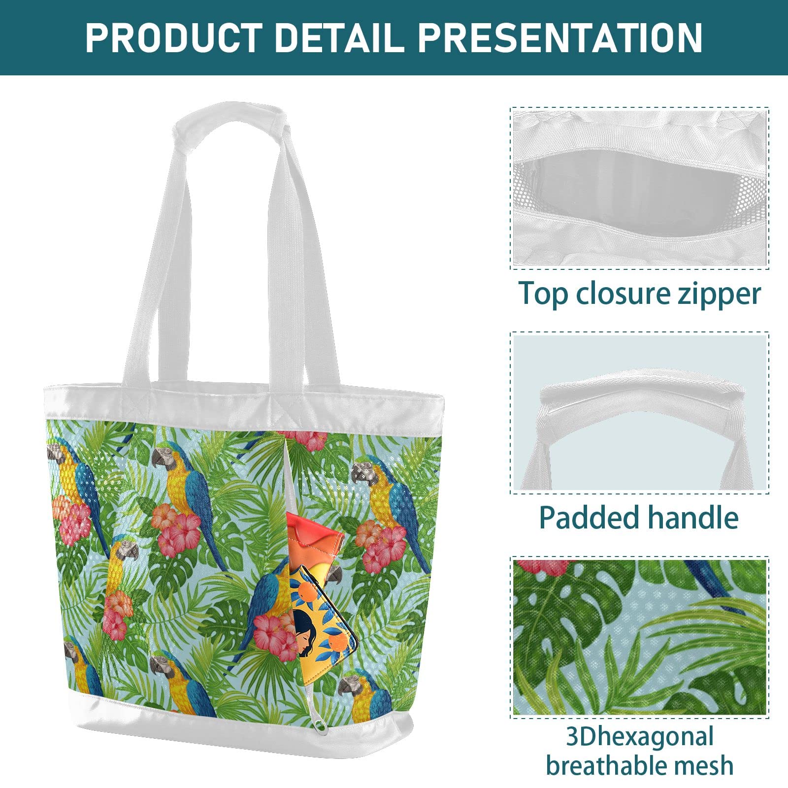 J JOYSAY Tropical Floral Parrots Mesh Beach Tote Bag - Large Waterproof & Sandproof Beach Bag for Women - Perfect for Pool, Gym, Sports & Summer Vacations