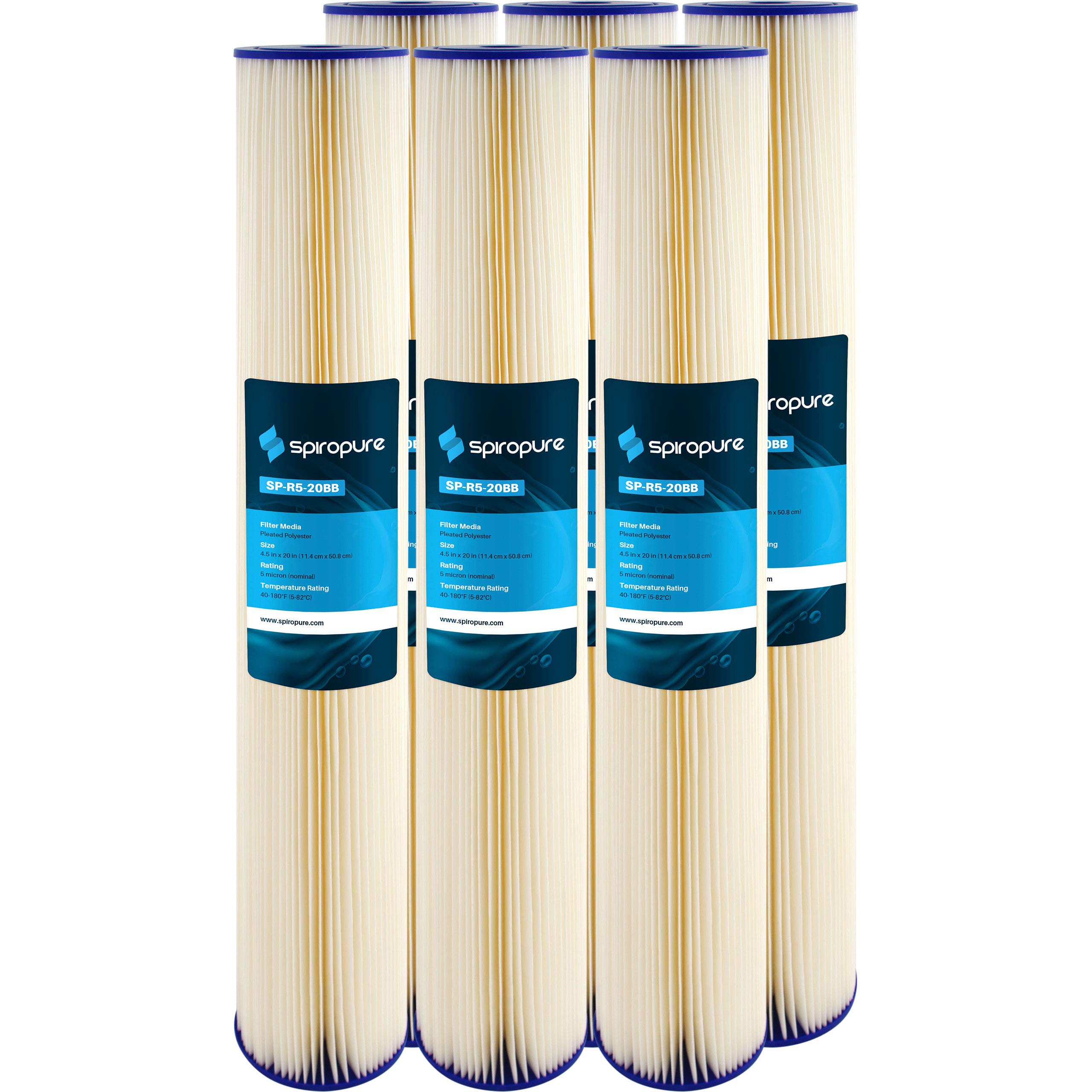 SpiroPure SP-R5-20BB 20x4.5 Inch 5 Micron Pleated Polyester Sediment Water Filter Cartridge (Case of 6) - Ideal for Home Water Filtration, Well Water Treatment, and Commercial Filtration Systems