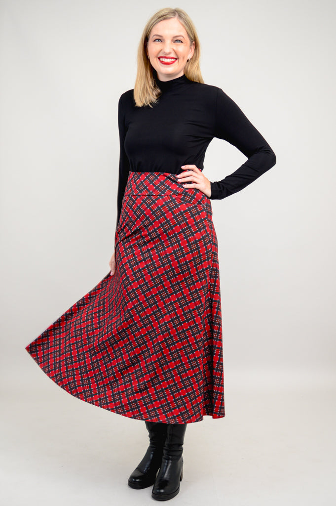 Gillian Skirt - Stylish Cherry Plaid Bamboo Midi Skirt for Women | Perfect for Casual Outings, Office Wear & Summer Fashion