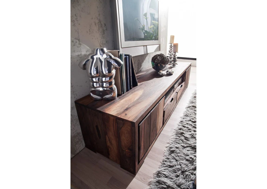 Gfine Solid Sheesham Wood TV Stand with 2 Doors & 2 Drawers - 175x45x47Cm Modern Entertainment Center for Living Room, Bedroom & Home Theater
