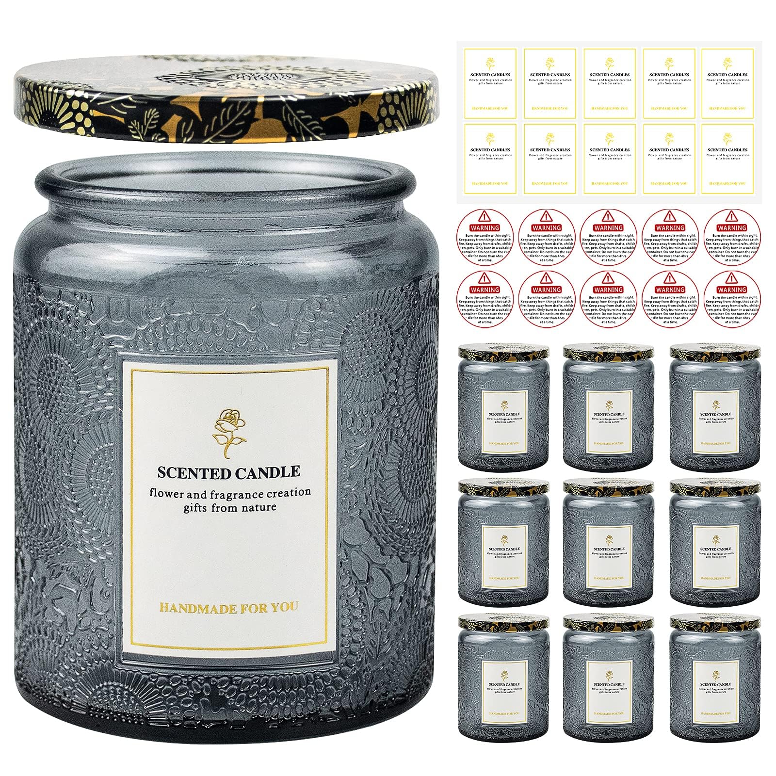 8.8OZ 9-Pack Embossed Glass Candle Jars with Tin Lids - DIY Candle Making Supplies Includes Warning Labels & Stickers - Perfect for Home Decor, Wedding Favors, Gifts & Craft Projects (Grey)