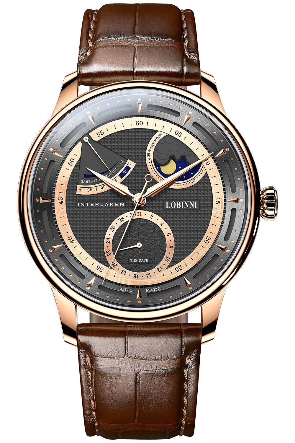 LOBINNI Men's Moon Phase Automatic Mechanical Watch - Waterproof Luxury Dress Wristwatch for Men - Perfect for Business, Formal Events & Special Occasions
