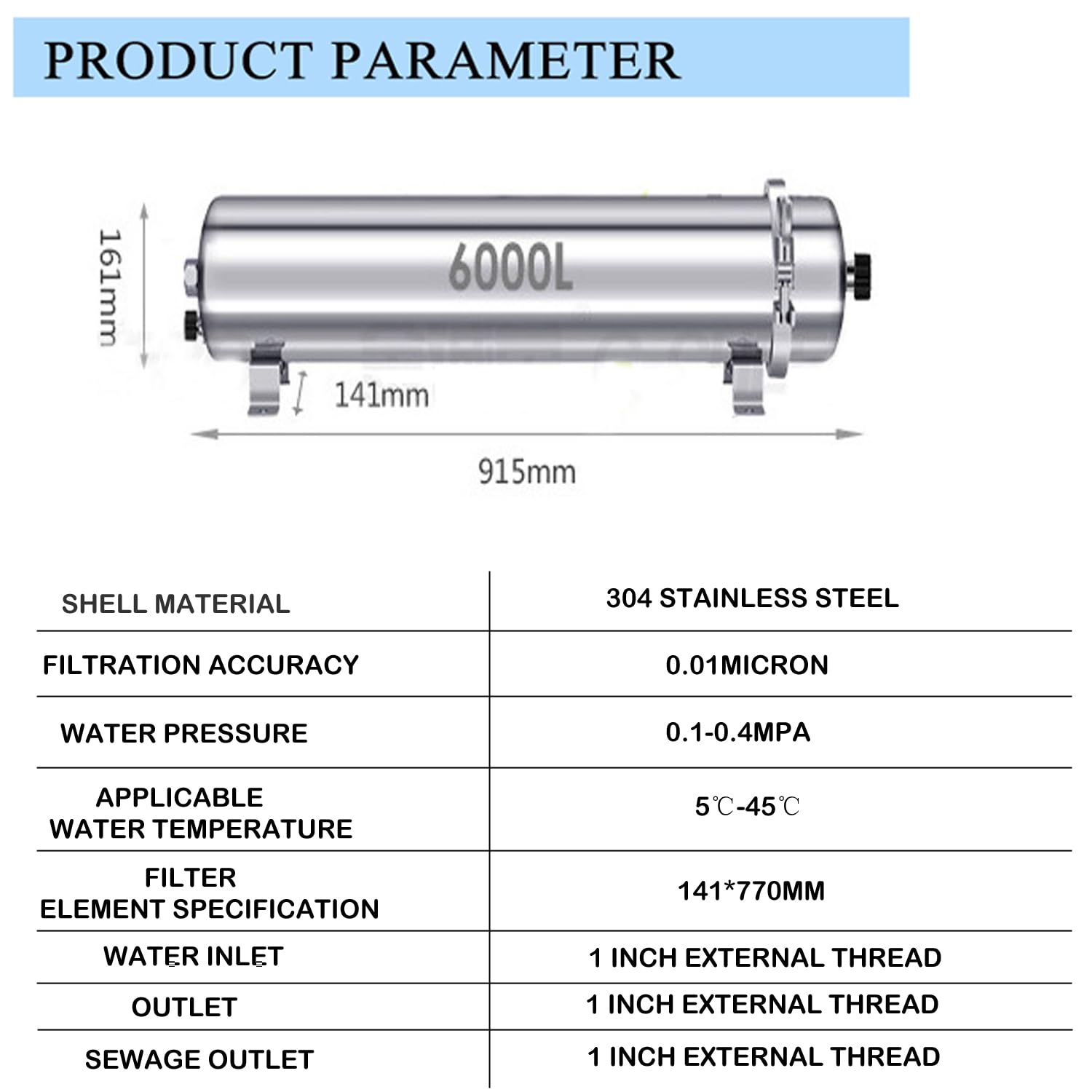 304 Stainless Steel Ultrafiltration Membrane Water Filter - 6000L/H Flow Rate, 0.01 Micron Filtration, PVDF Membrane, Washable & Durable - Perfect for Home Water Purification, Industrial Filtration, and Aquarium Systems